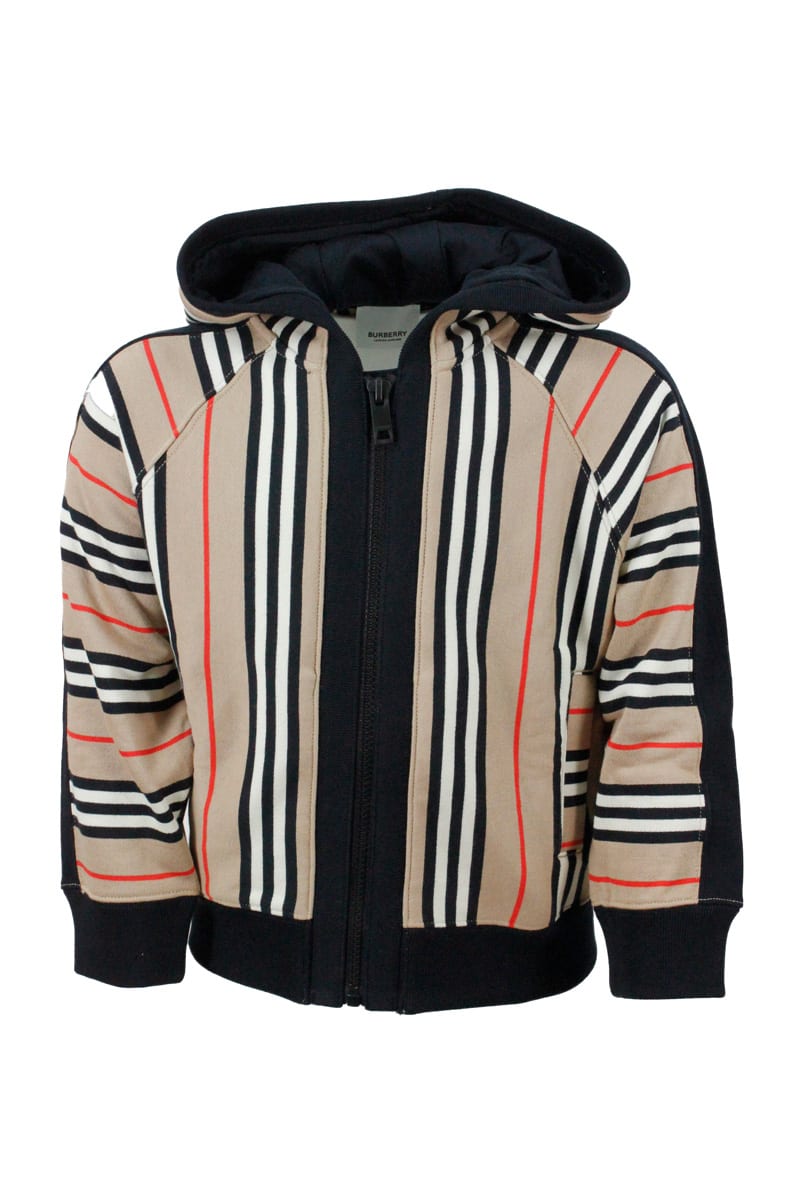 Burberry Sweatshirt With Hood And Zip With Striped Pattern Check