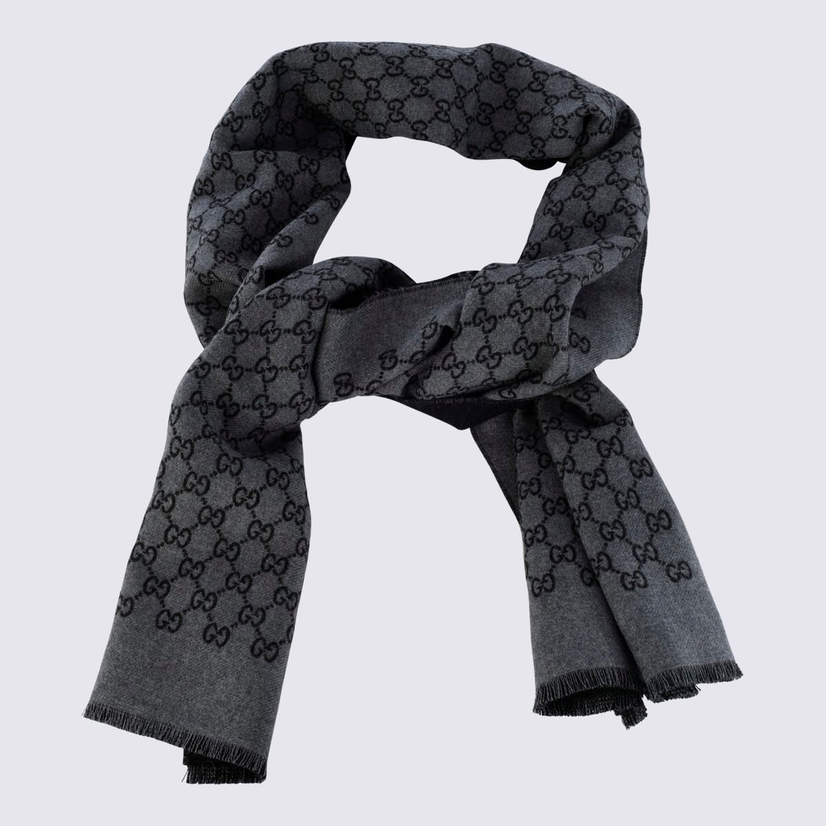 Shop Gucci Anthracite And Black Wool Gg Jacquard Scarf