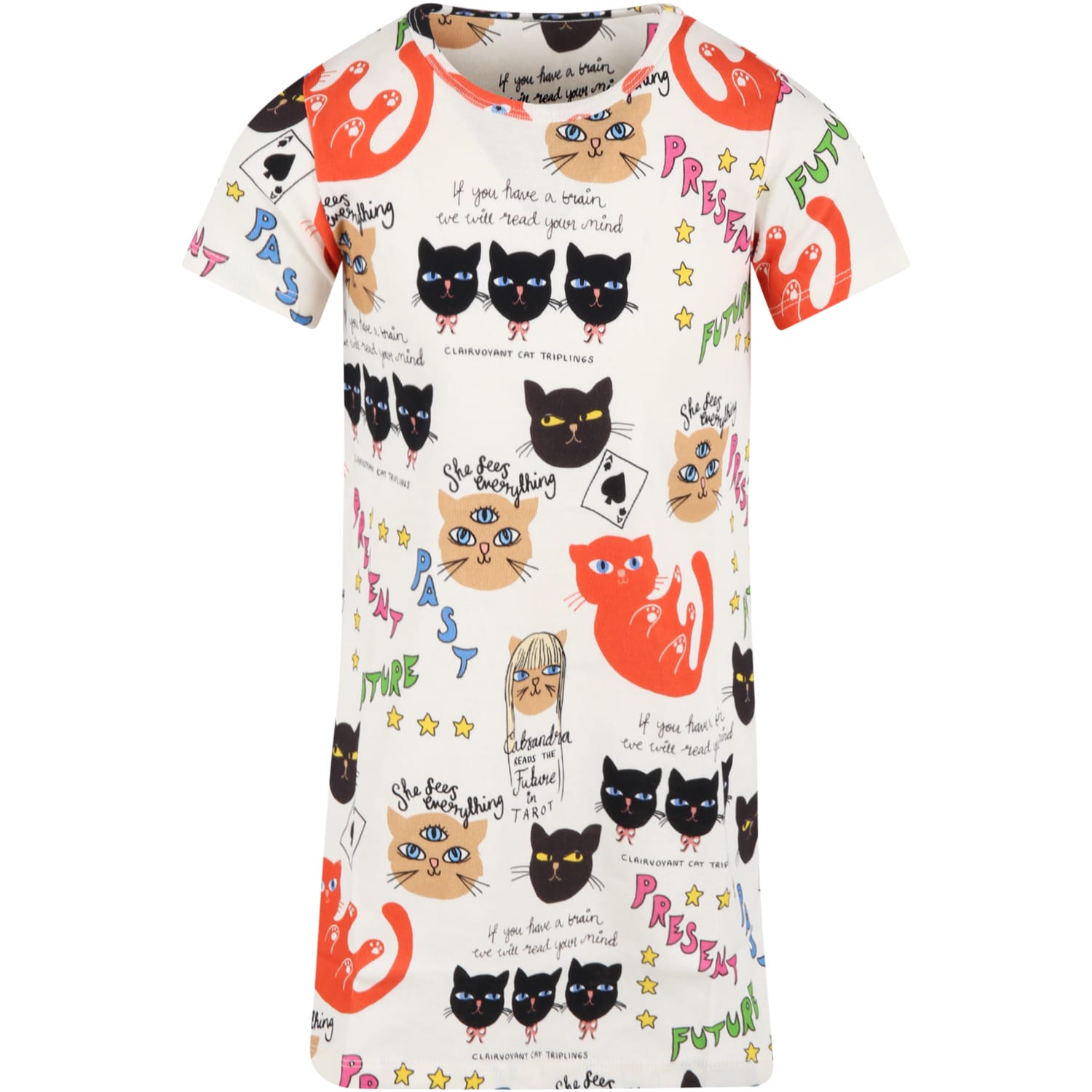 Mini Rodini Ivory Dress For Babygirl With Clairvoyant Cats Print