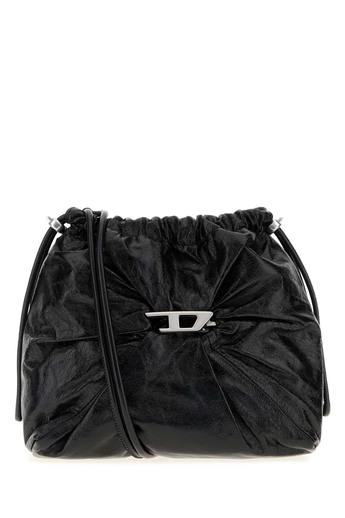 Diesel Scrunch-d-bucket Bag In Shiny Wrinkled Leather In Black