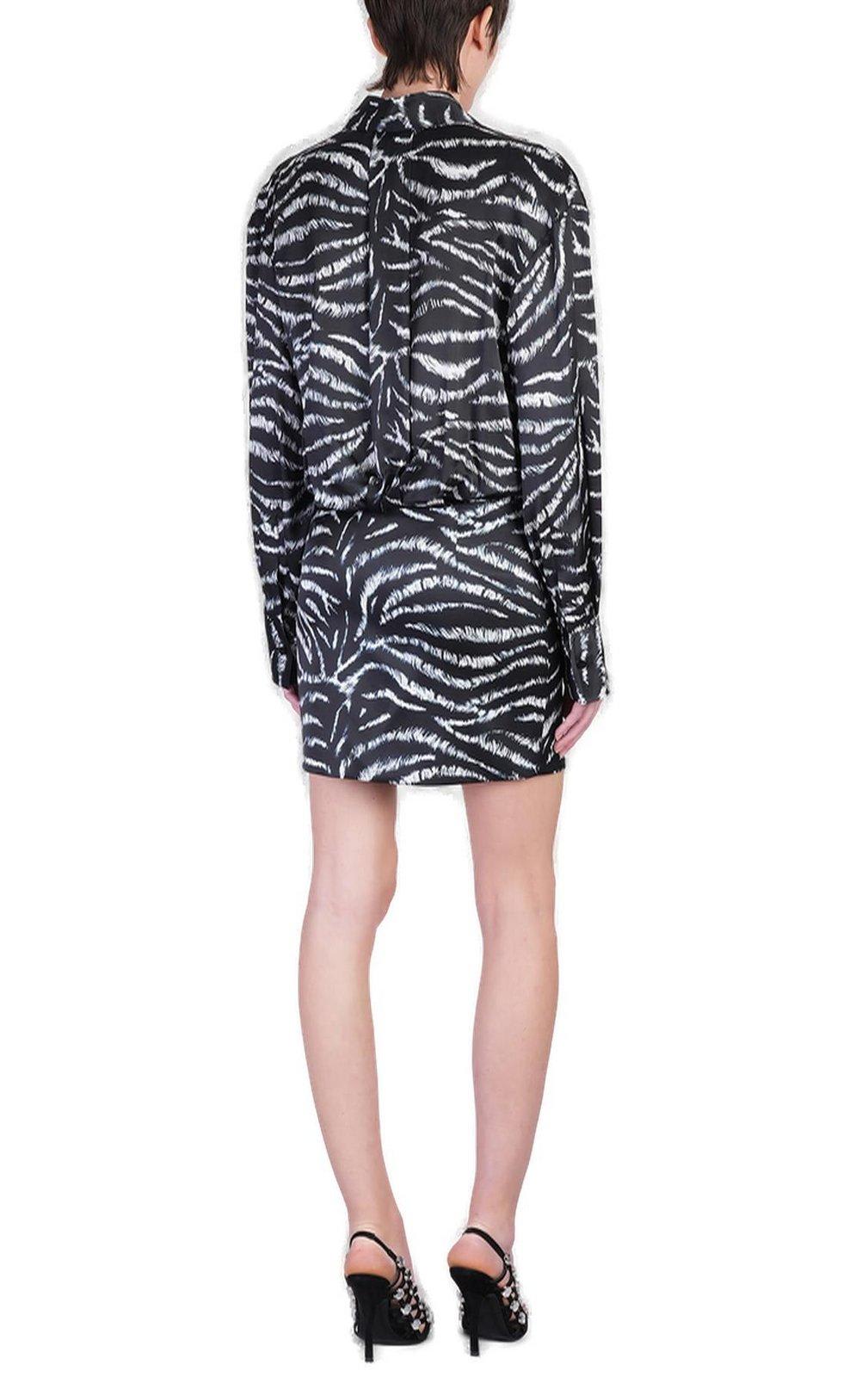 Attico Silvye Zebra Print Satin Shirt Dress In White E Black
