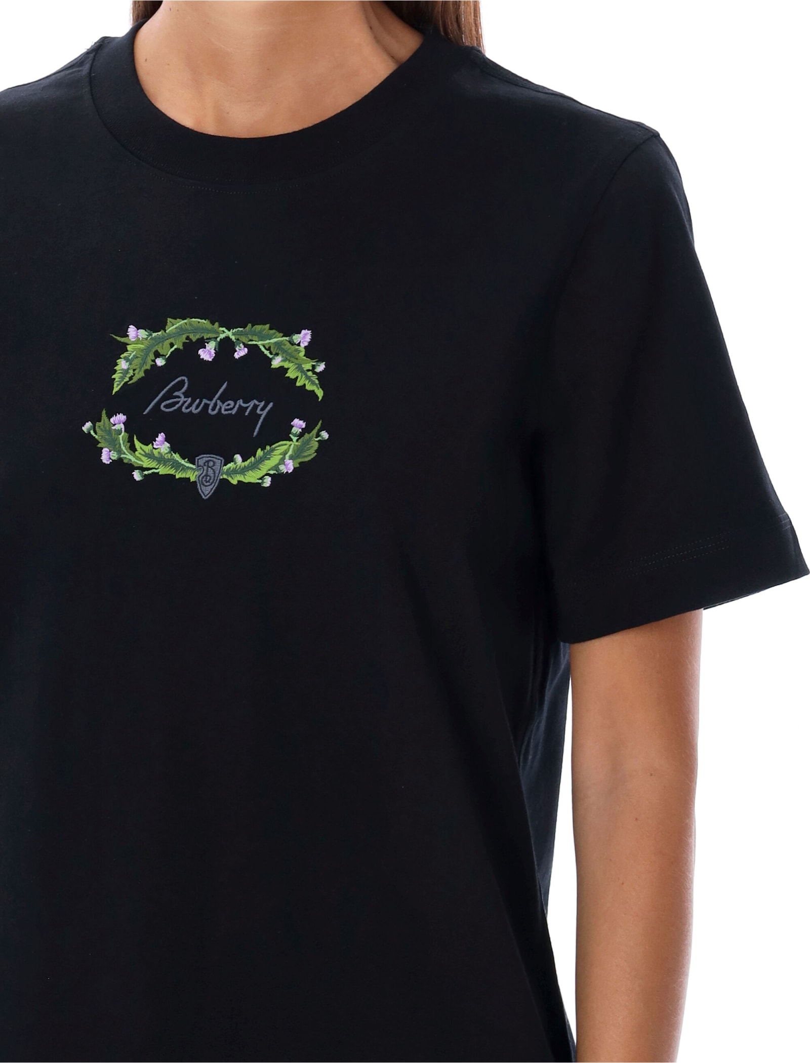 Shop Burberry Floral Embroidered Logo T-shirt In Coal