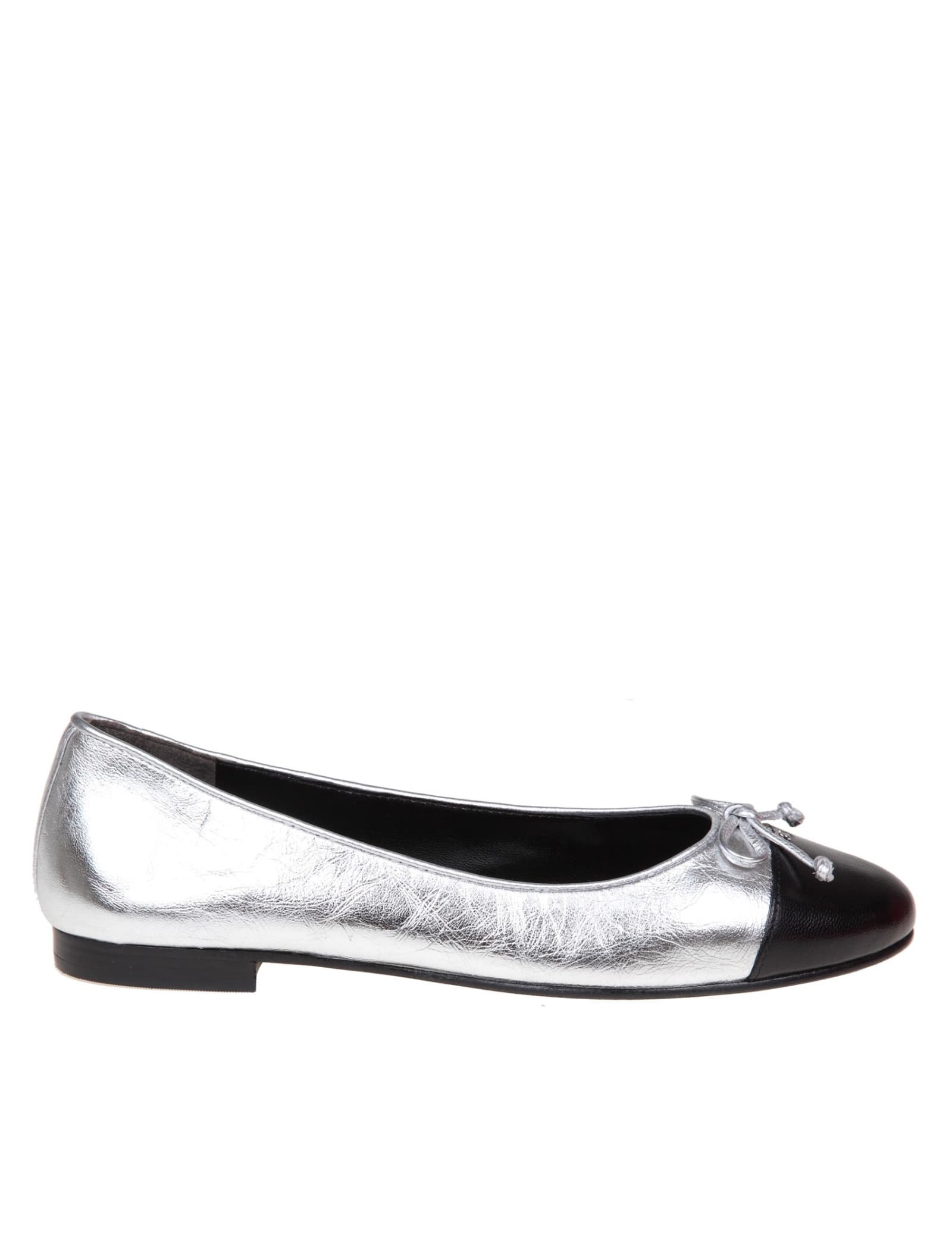 Shop Tory Burch Cap-toe Ballerina In Metallic Leather In Silver/black