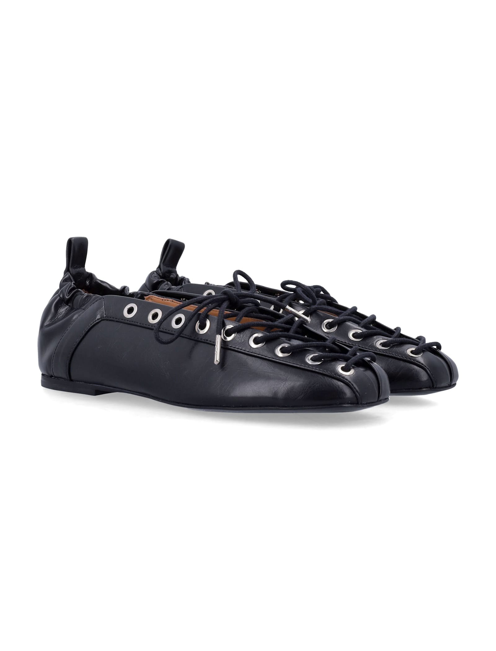 Ganni Eyelets Lace Up Ballerina Crinkle Oleatex In Black