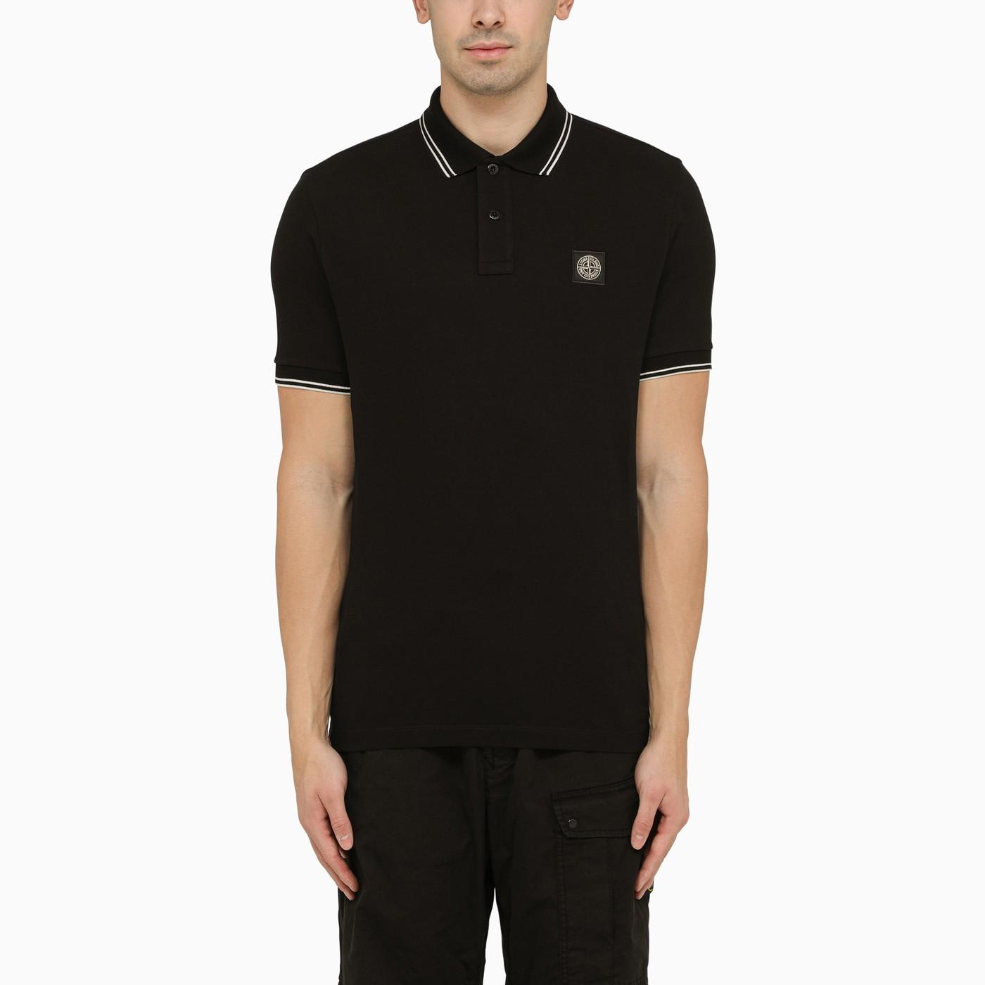 Stone Island Black Short-sleeved Polo Shirt With Logo In Multicolor