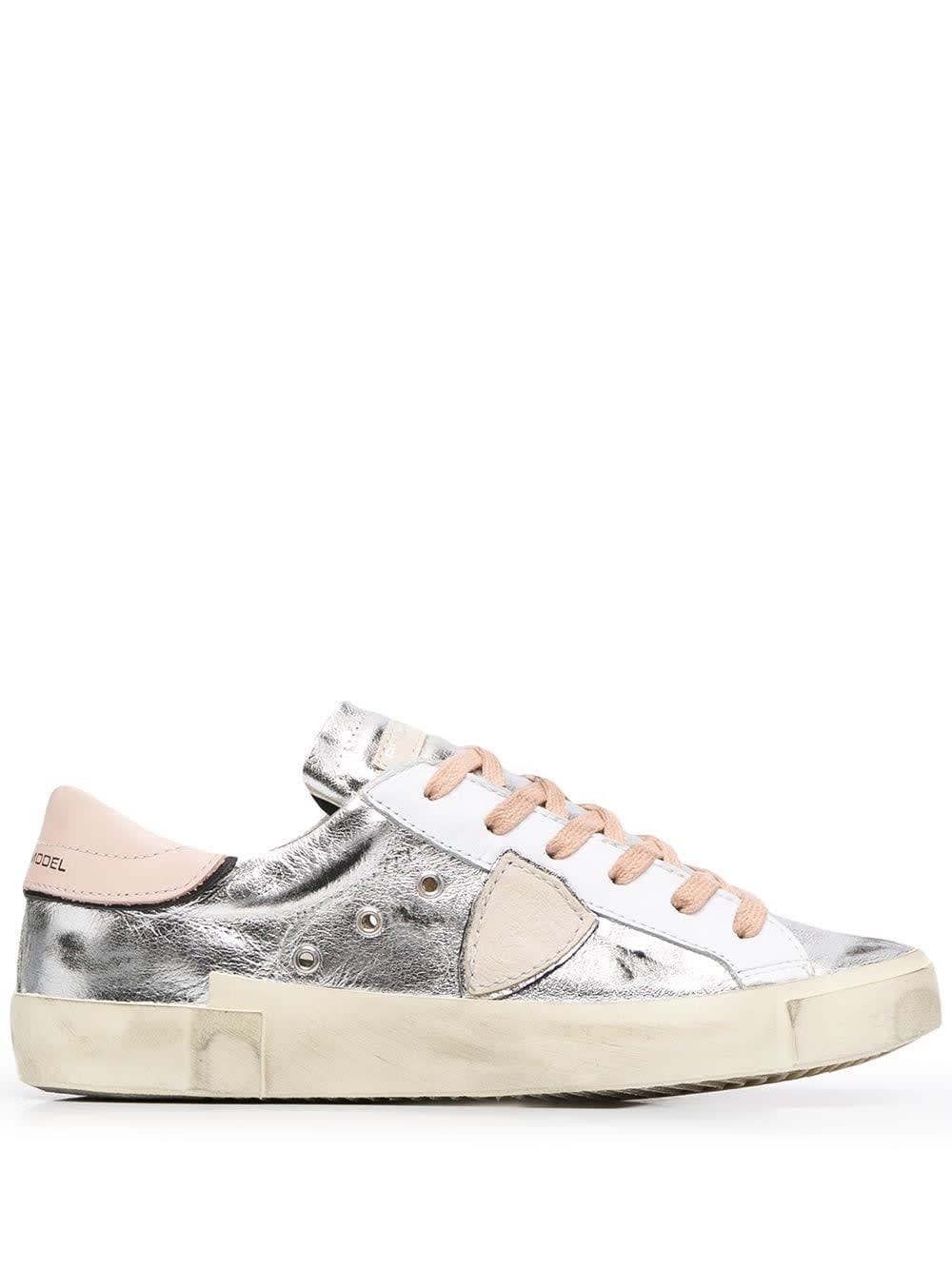 Philippe Model Prsx Sneakers In Silver Leather With Logo