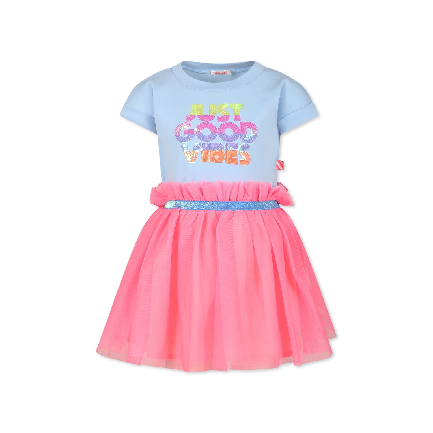 Shop Billieblush Light Blue Dress For Girl With Writing And Sequins In Multicolor