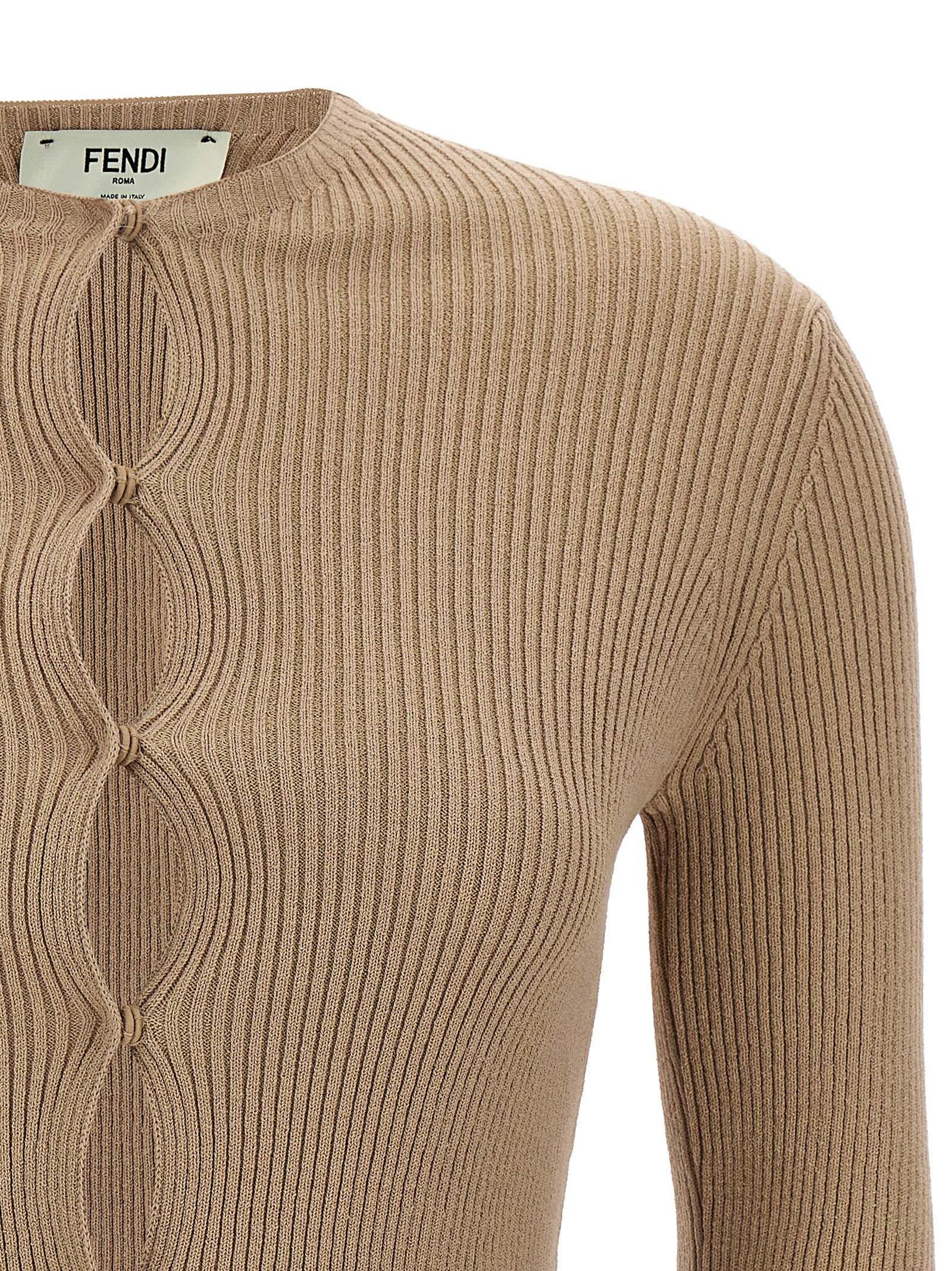 Shop Fendi Ribbed Cardigan In Beige