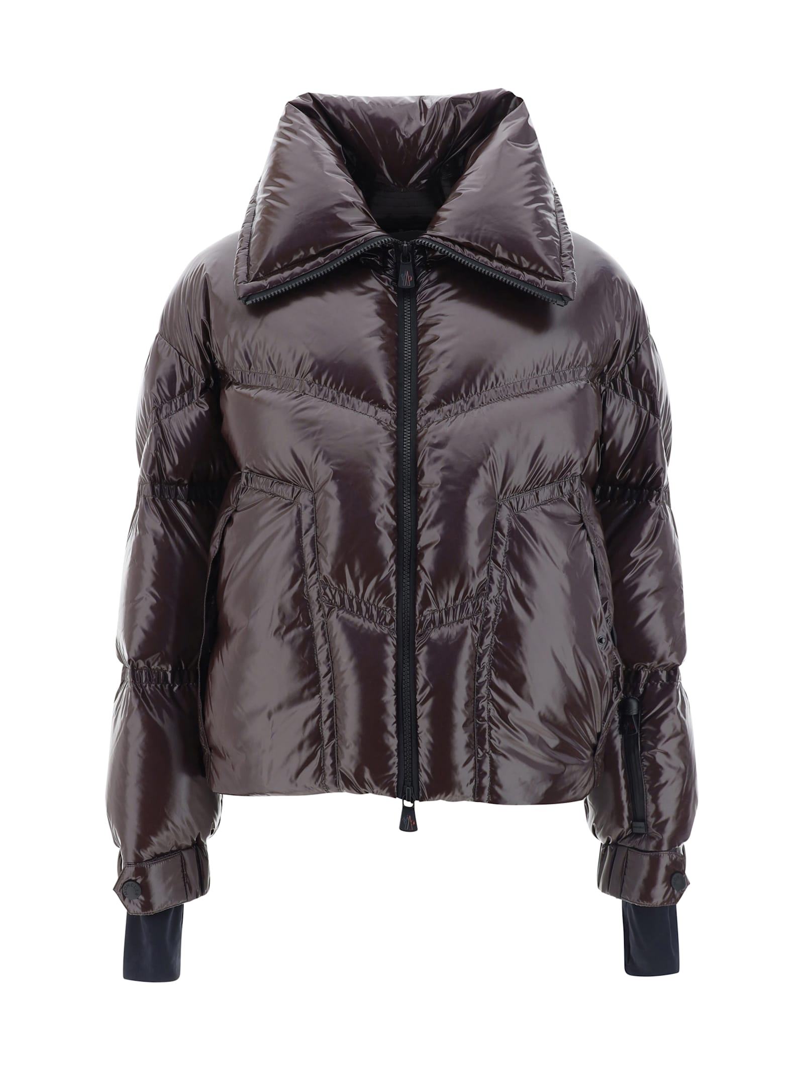 Shop Moncler Cluses High-shine Bomber Jacket In Taupe