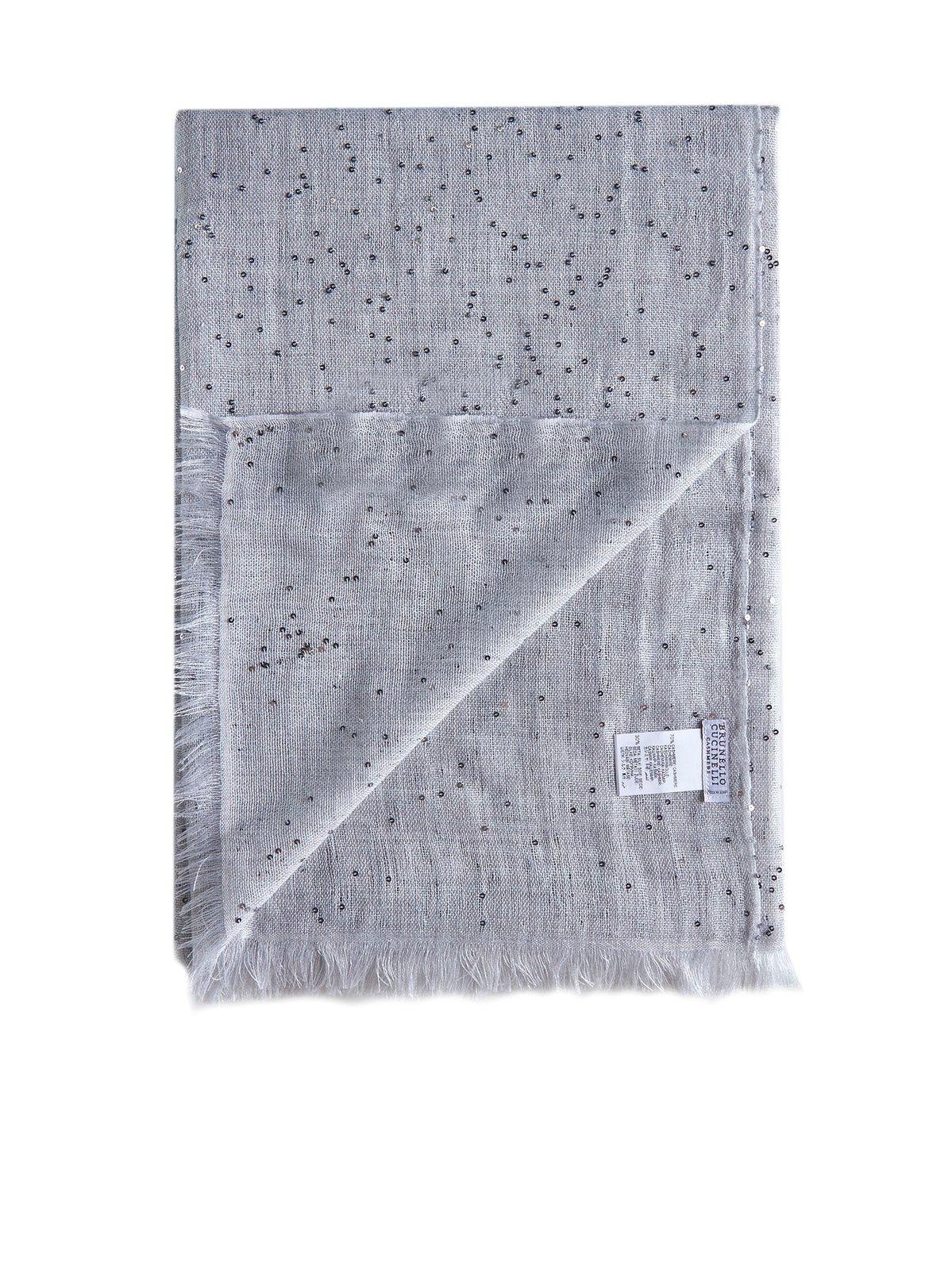 Shop Brunello Cucinelli Glitter Embellished Frayed-edge Scarf In Grey