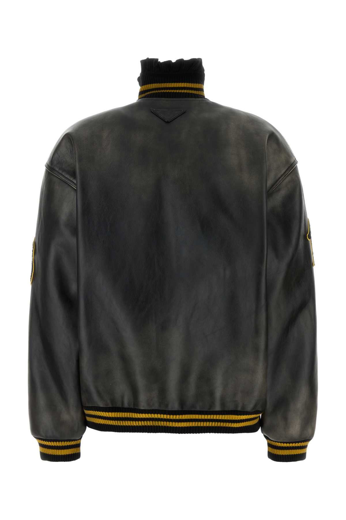 Prada Leather Jacket With Embroidered Patches And High Collar In Nero