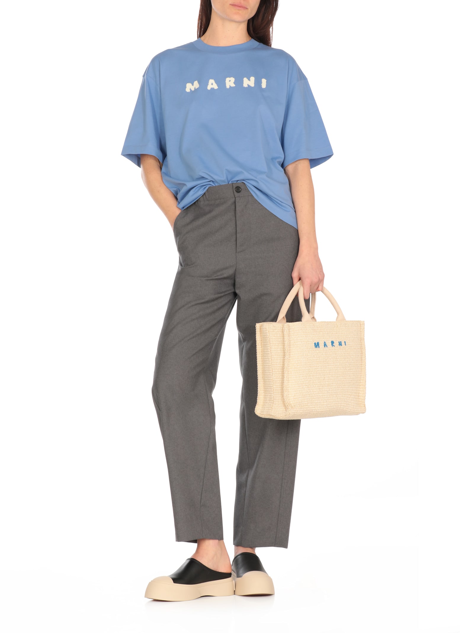 Marni Crew Neck Cotton T-shirt In Light Blue