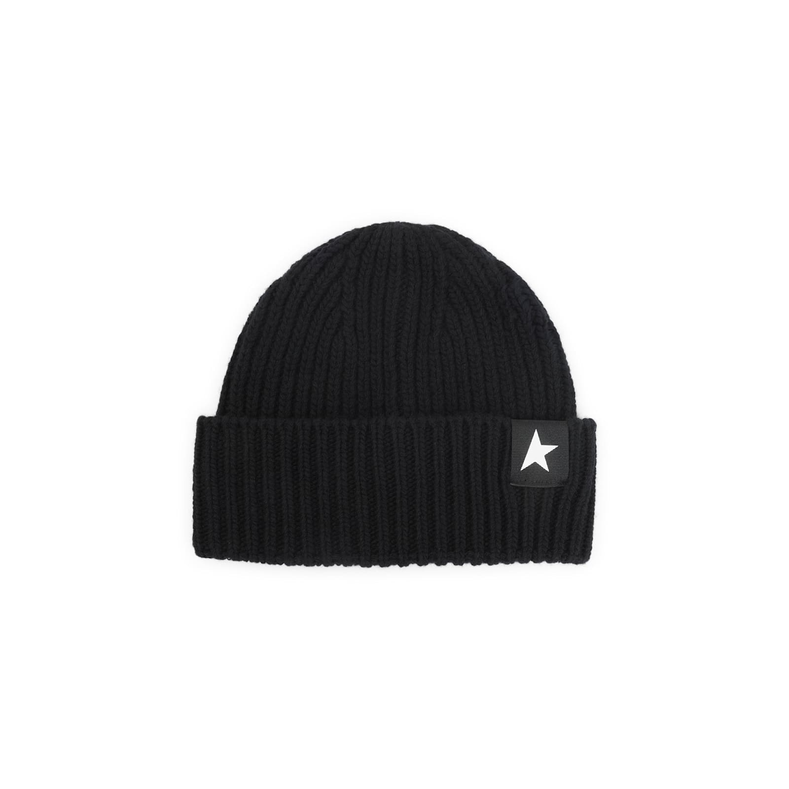 Golden Goose Mans Ribbed Black Wool Hat With Logo In Black