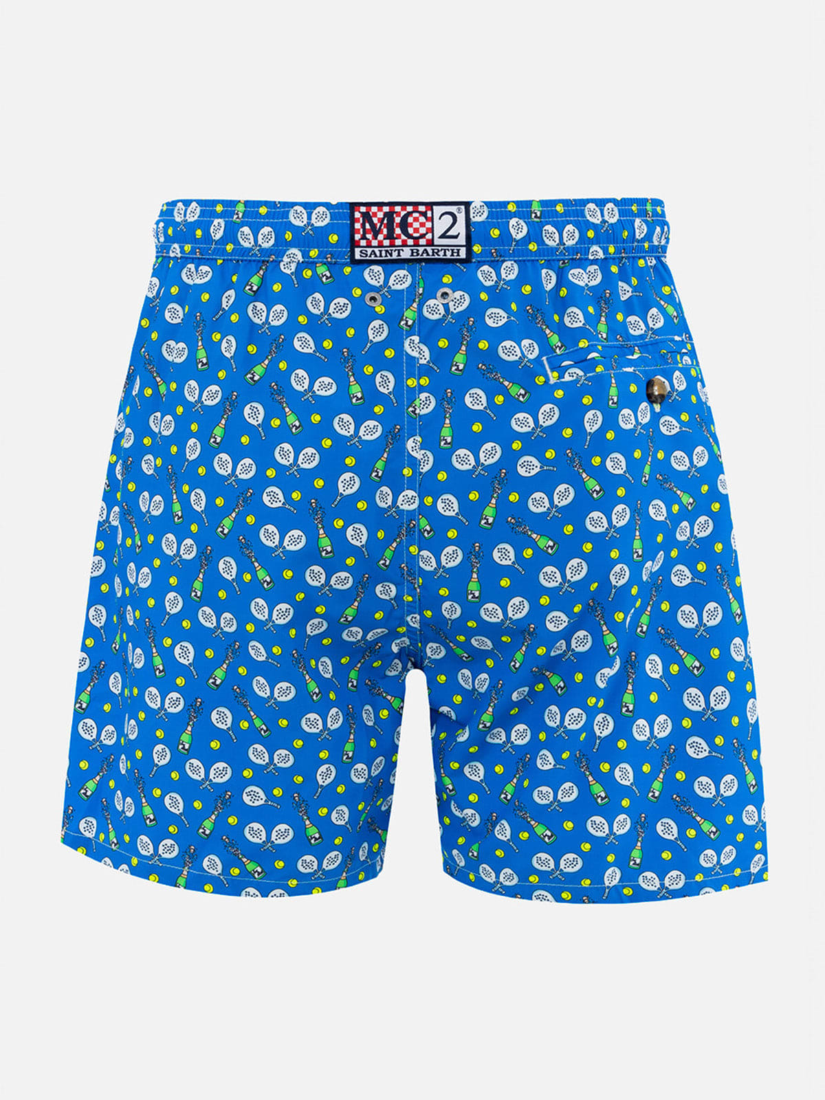 Mc2 Saint Barth Man Lightweight Fabric Swim-shorts Lighting Micro Fantasy With Padel Winner Print In Blue
