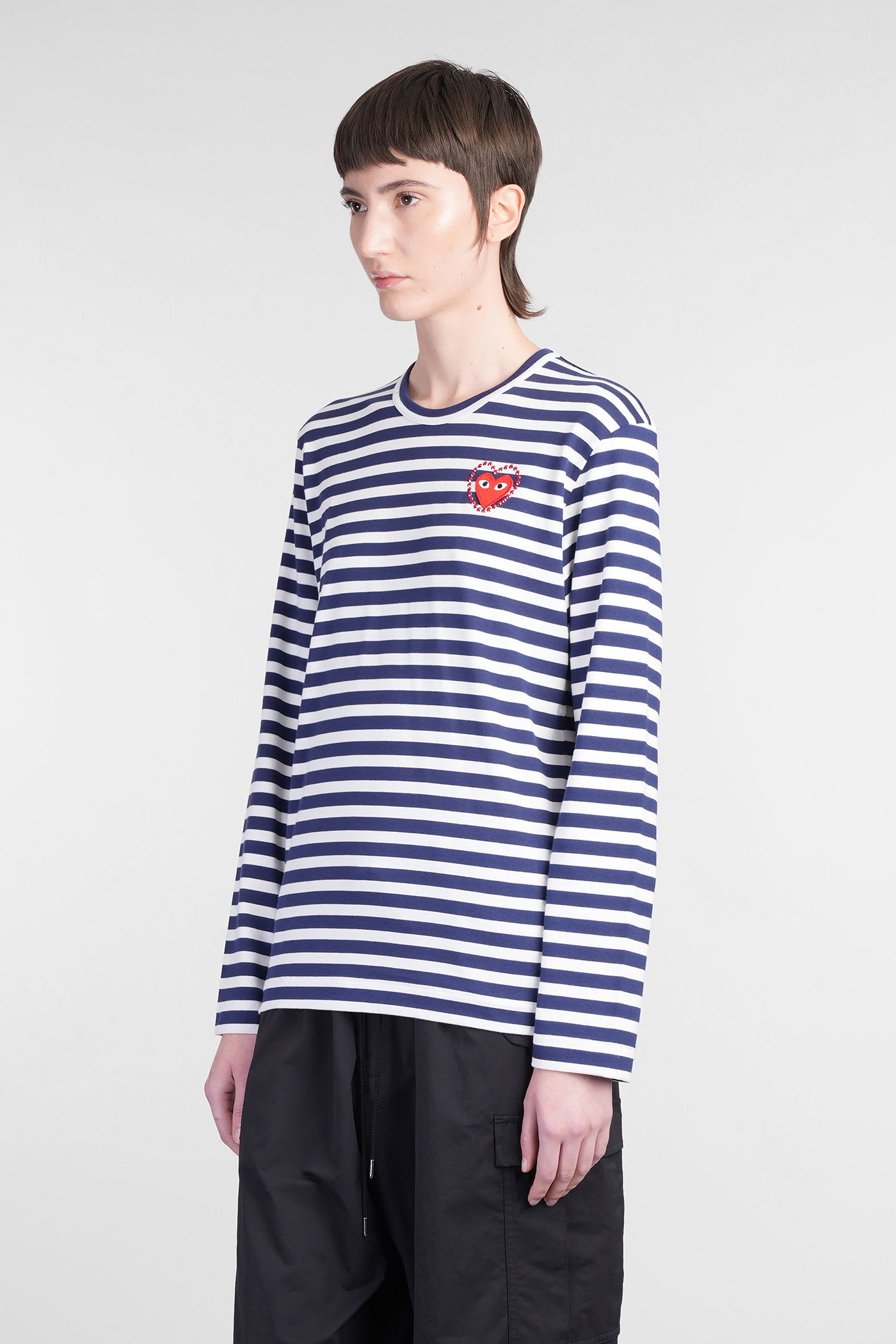 Comme Des Garçons Play Rhinestones Heart Striped T-shirt In Blue