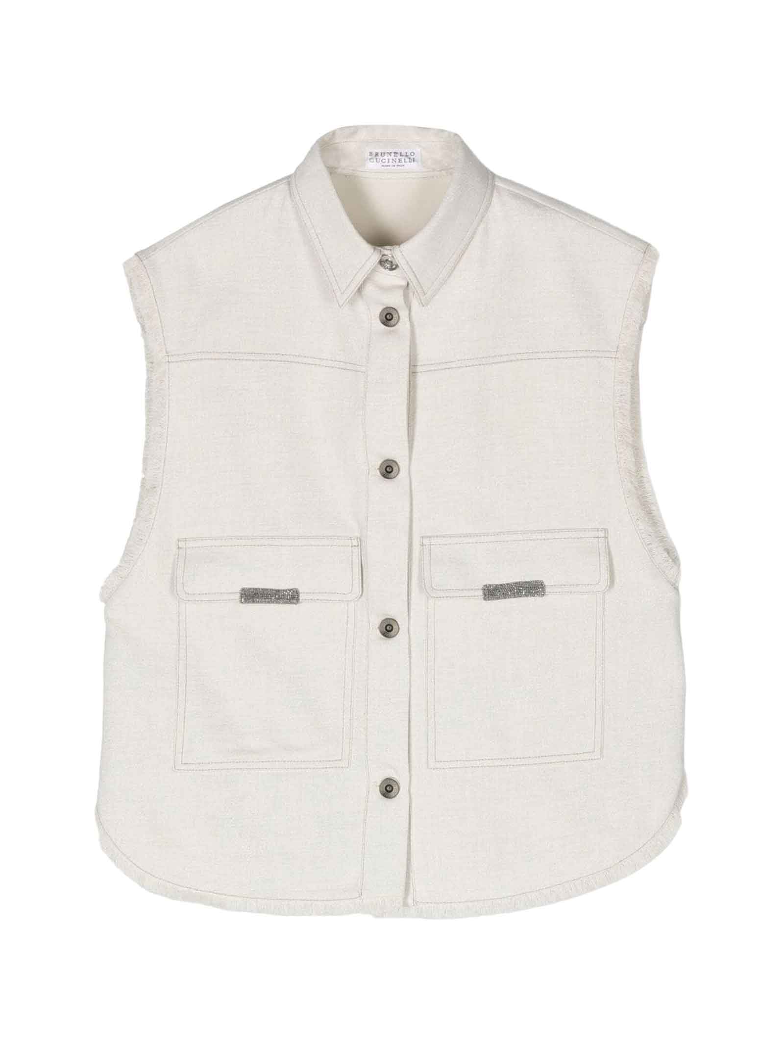 Brunello Cucinelli Kids' White Denim Vest Boy In Bianco