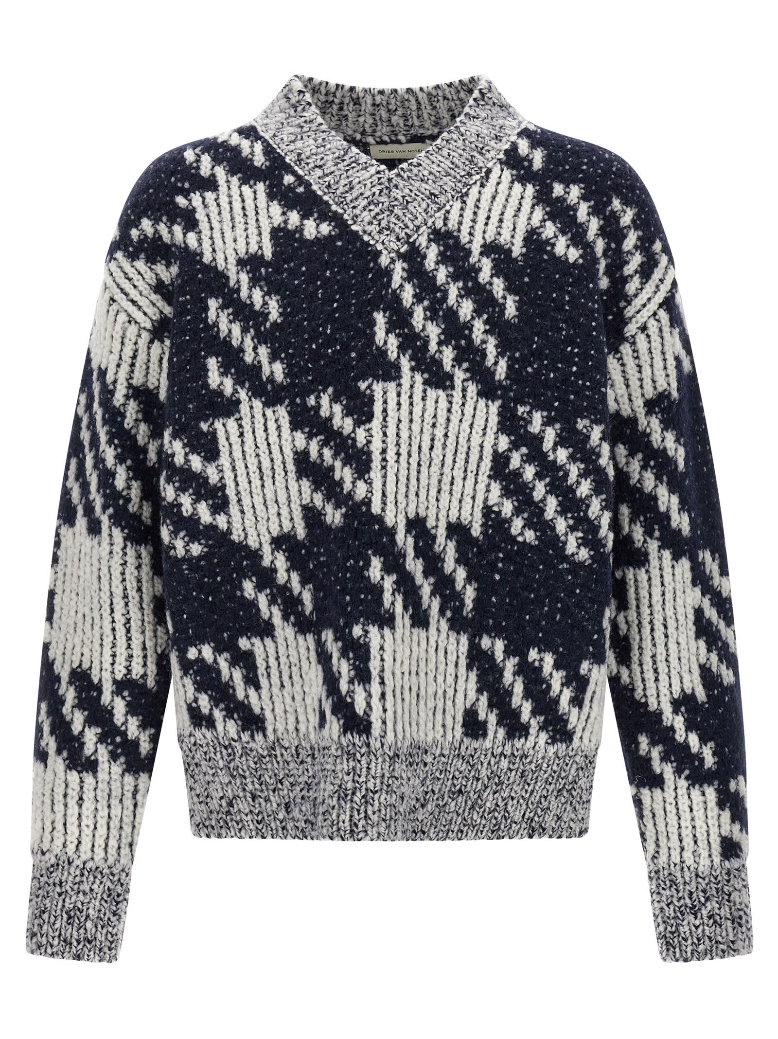 Dries Van Noten Chunky Knit V Neck Sweater With Textured Pattern In Multi