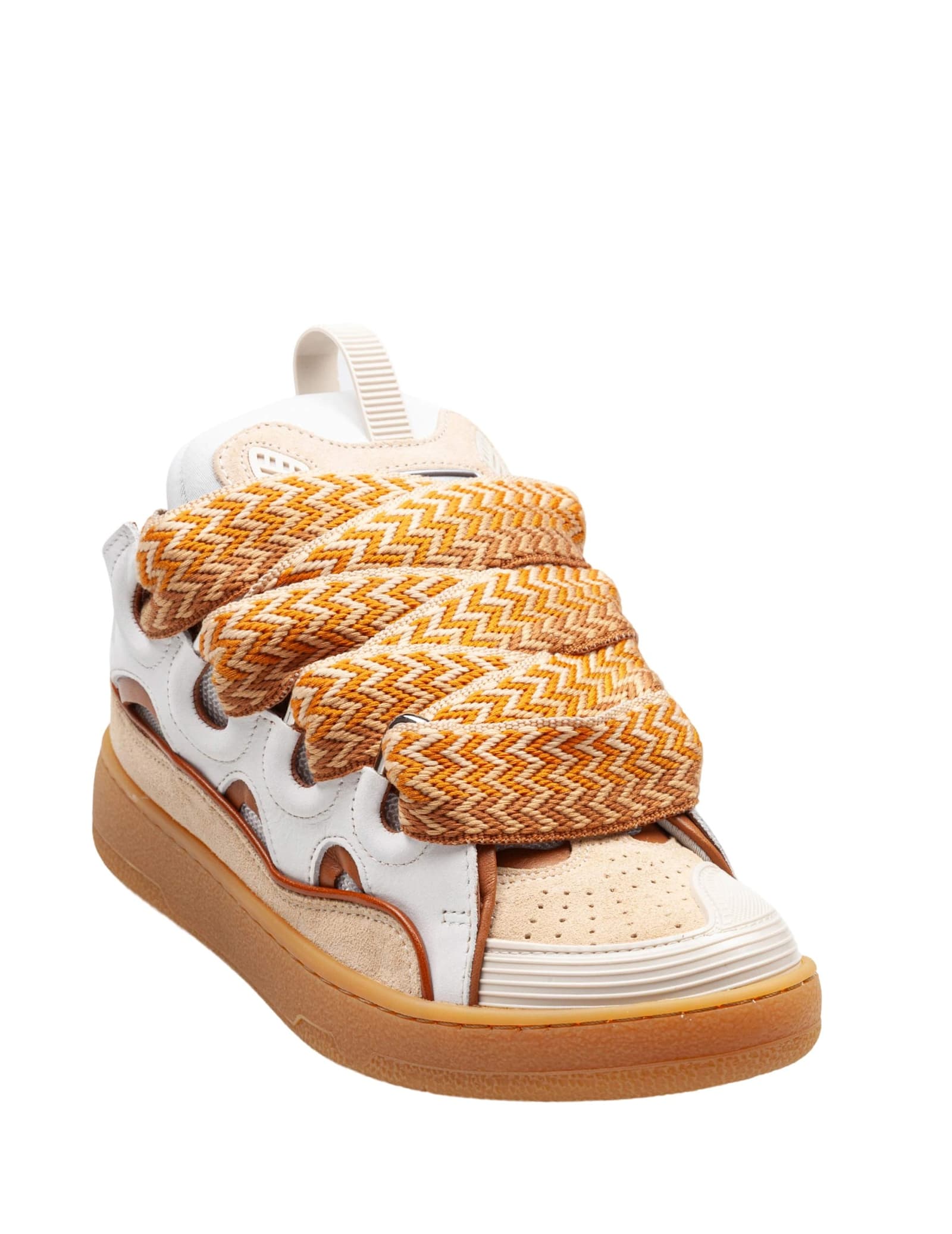 Lanvin Curb Leather And Fabric Sneakers, White And Honey In Multi