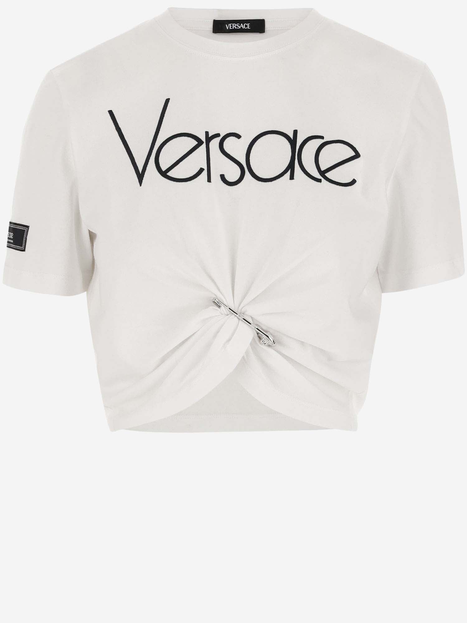 Versace Cotton Crop T-shirt With Logo In White