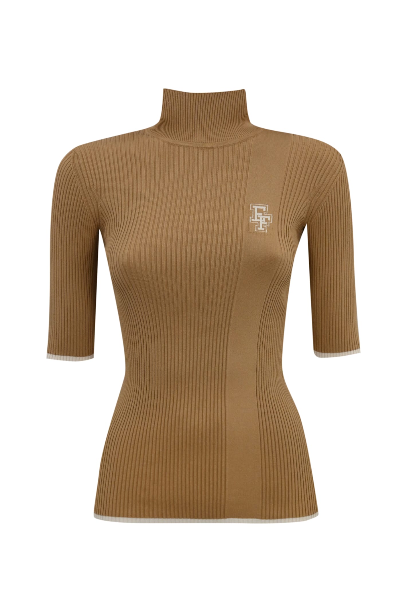 Shop Elisabetta Franchi Viscose Knit Turtleneck With College Logo In Camel/burro