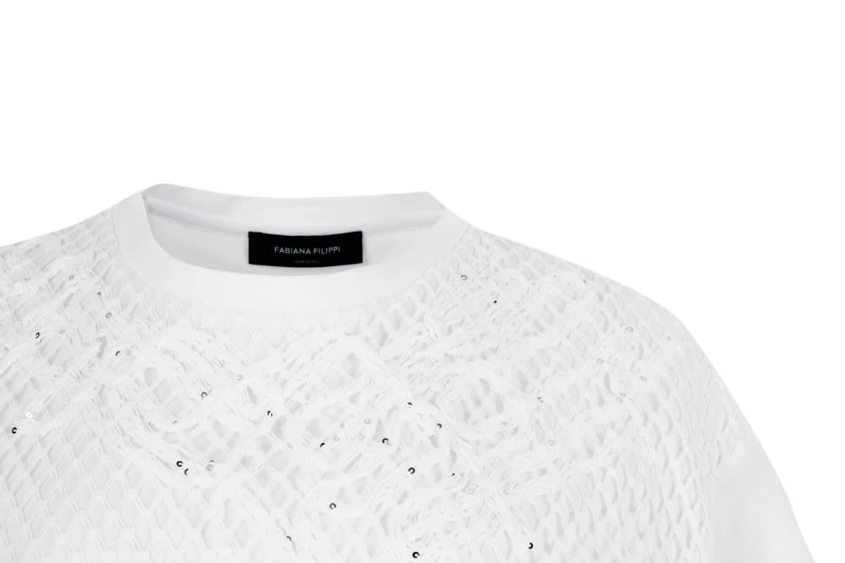 Shop Fabiana Filippi T-shirt A Girocollo In Cotone A Manica Corta Con Lavorazione A Reta Applicata Sul Davanti E Imprezio In White