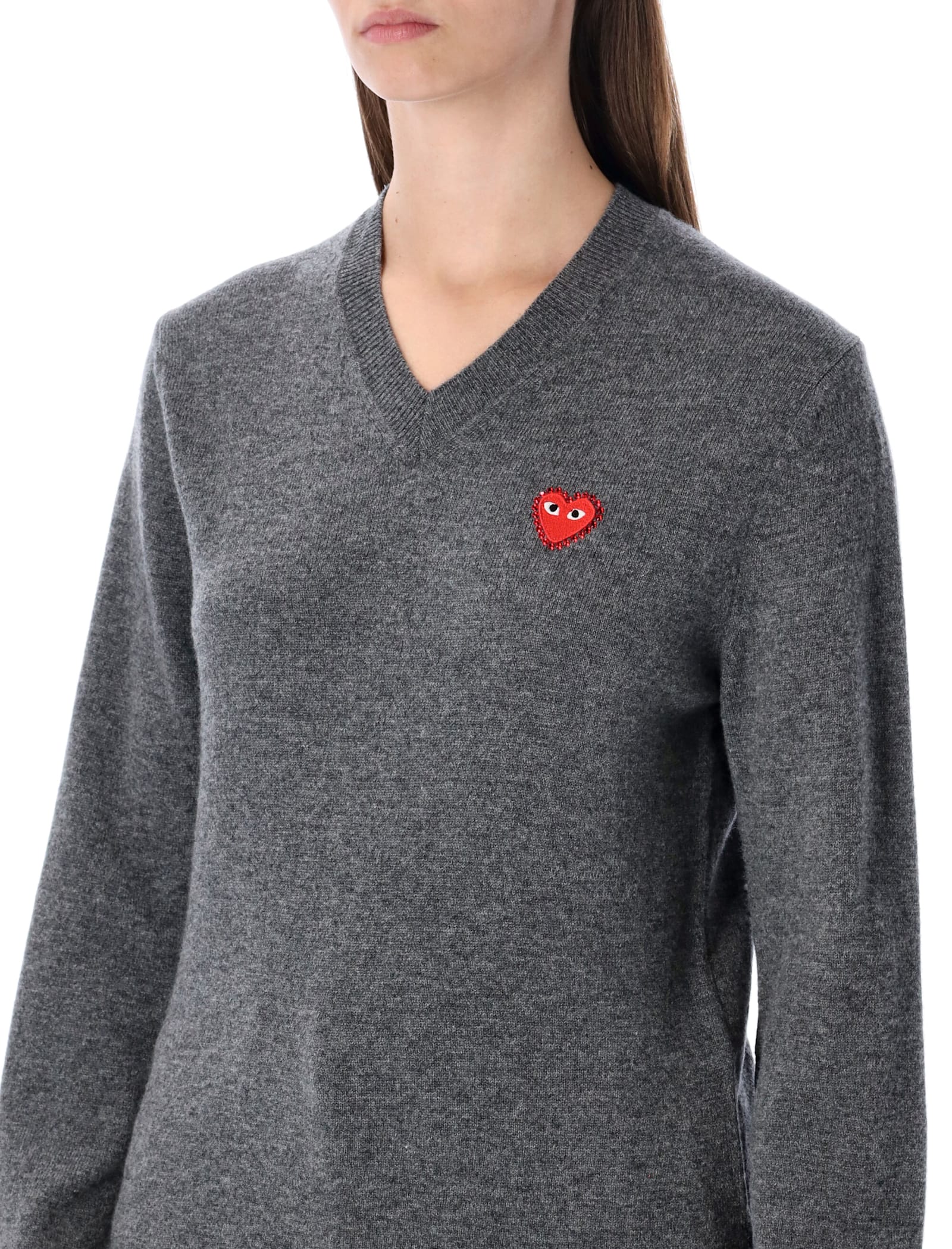 Comme Des Garçons Play Wool V-neck Sweater With Red Heart And Crystals In Gray
