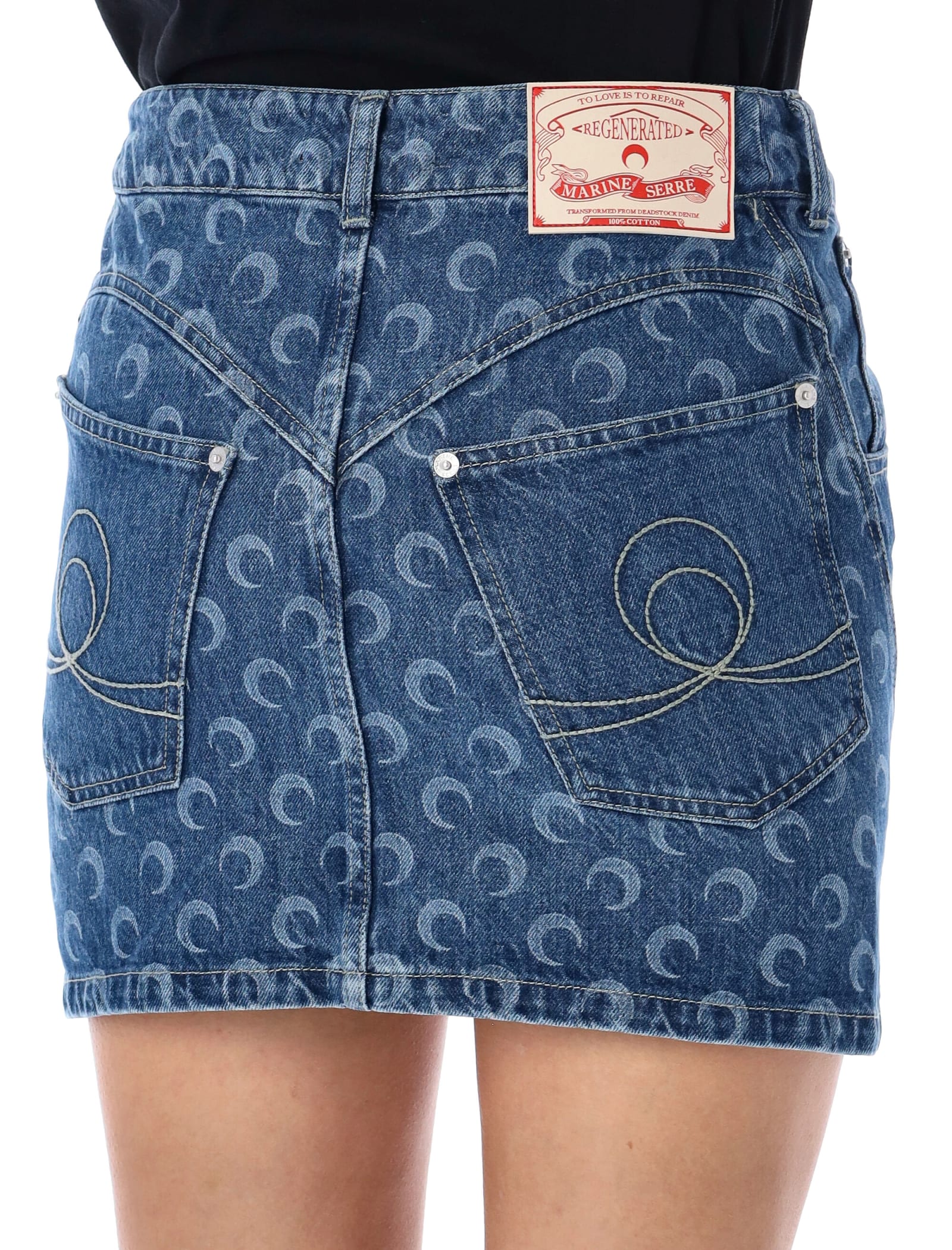 Shop Marine Serre Deadstock Denim Mini Skirt In Blue