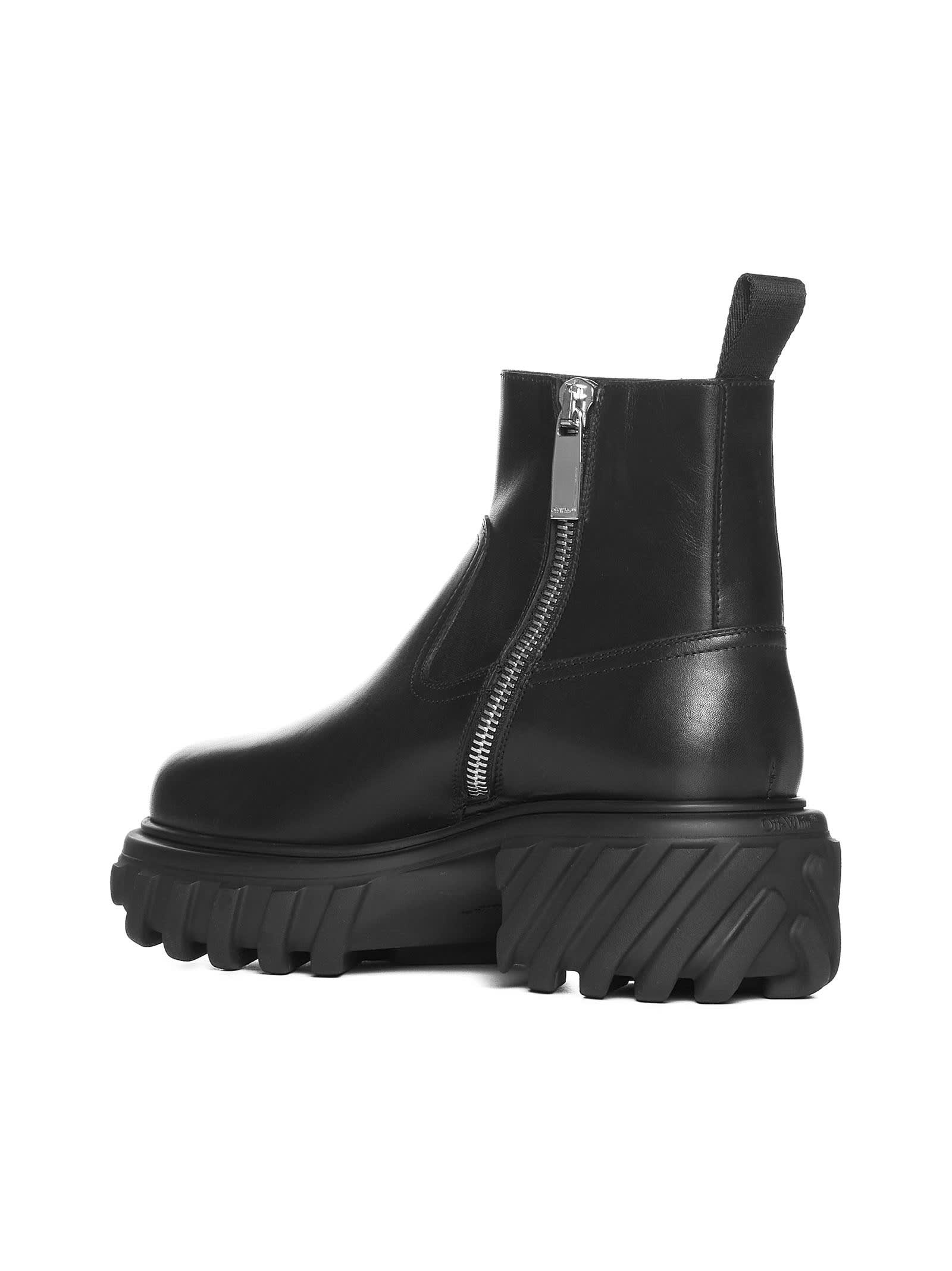 Off-white Chunky Sole Leather Boots With Elastic Side Panels In Black
