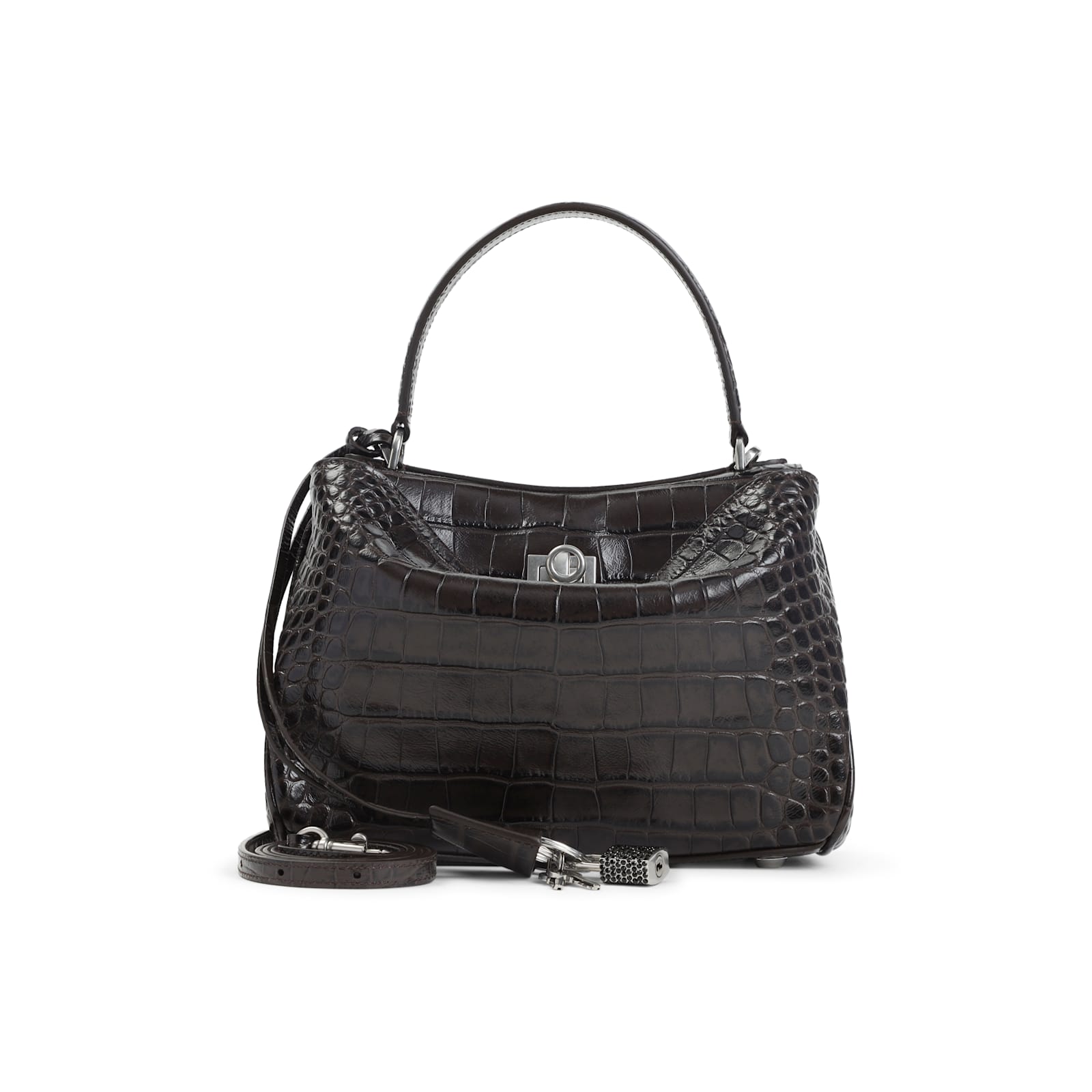 Balenciaga Crocodile Texture Top Handle Shoulder Bag In Brown