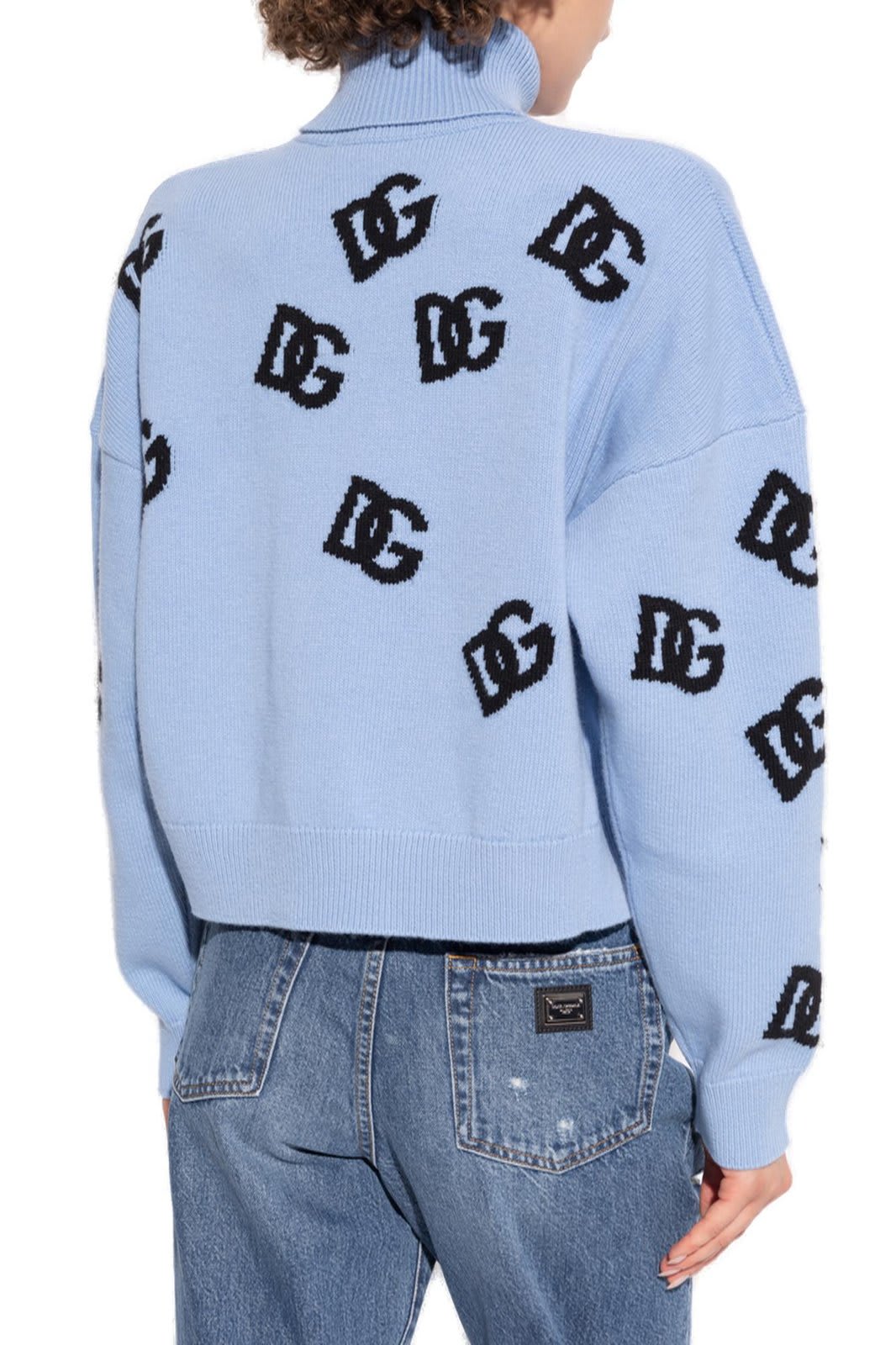 Shop Dolce & Gabbana Logo Intarsia Knitted Jumper In Celeste Chiaro