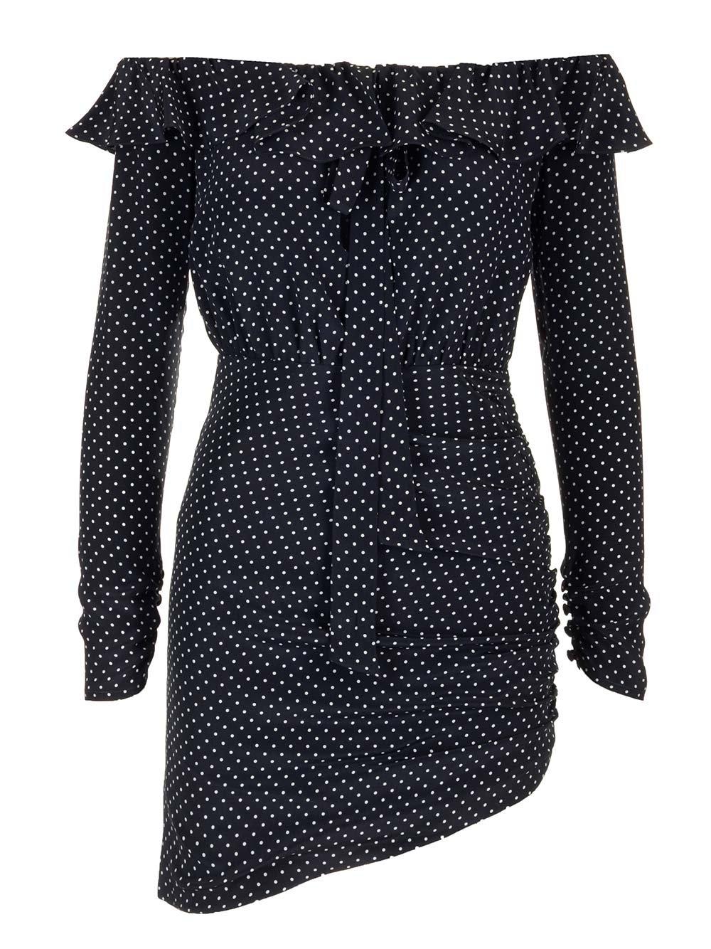 Shop Alessandra Rich Ruched Detail Polka Dot Printed Dress In Blue