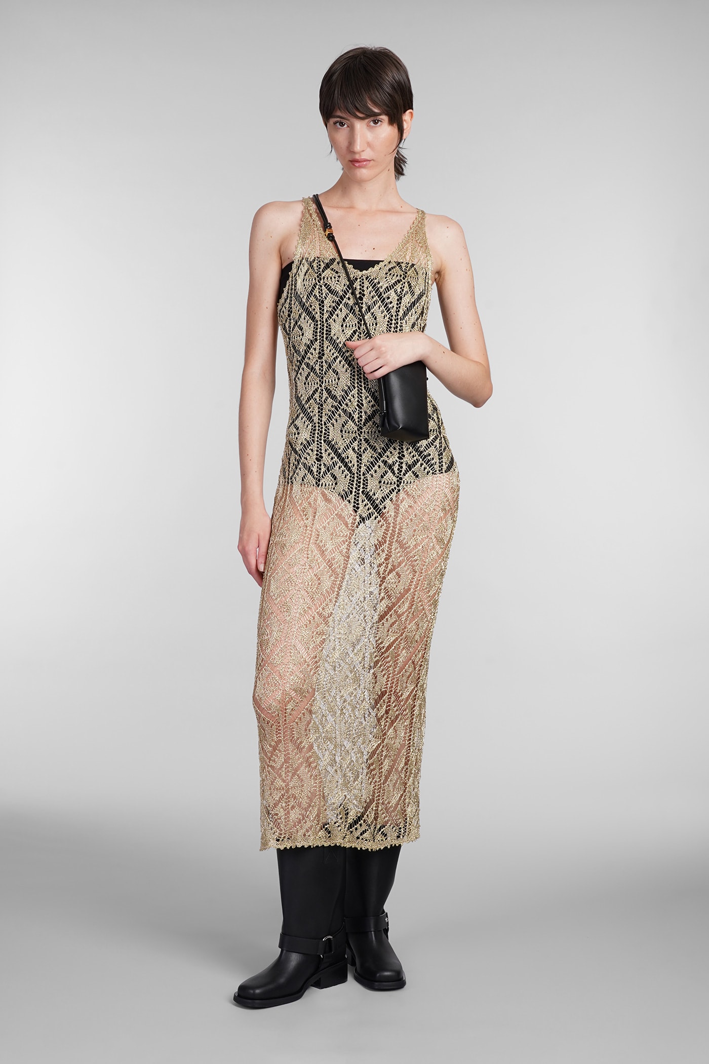 Shop Ganni Dress In Gold Viscose