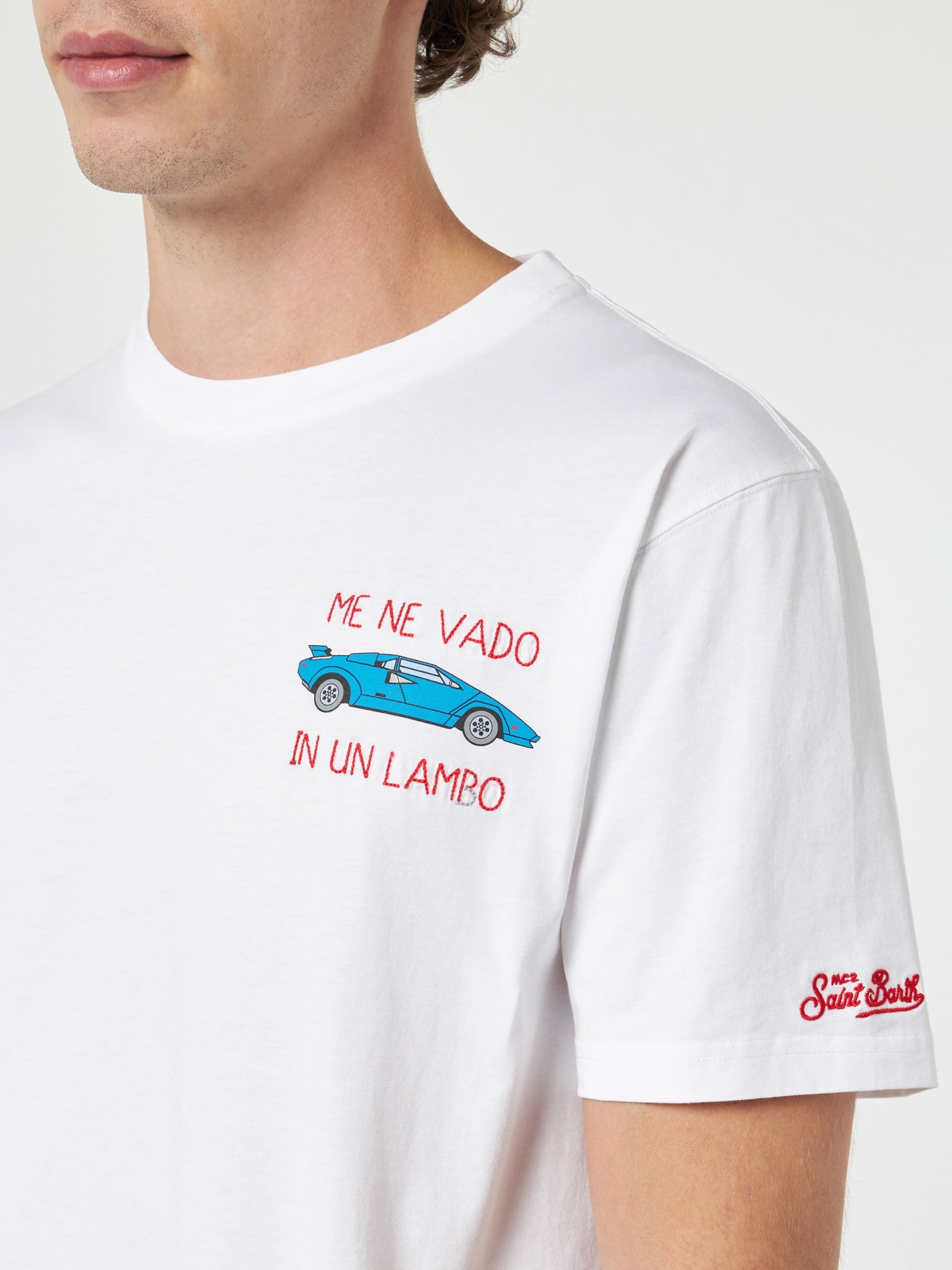 Mc2 Saint Barth Man Cotton T-shirt With Me Ne Vado In Un Lambo Embroidery And Car Placed Print In White