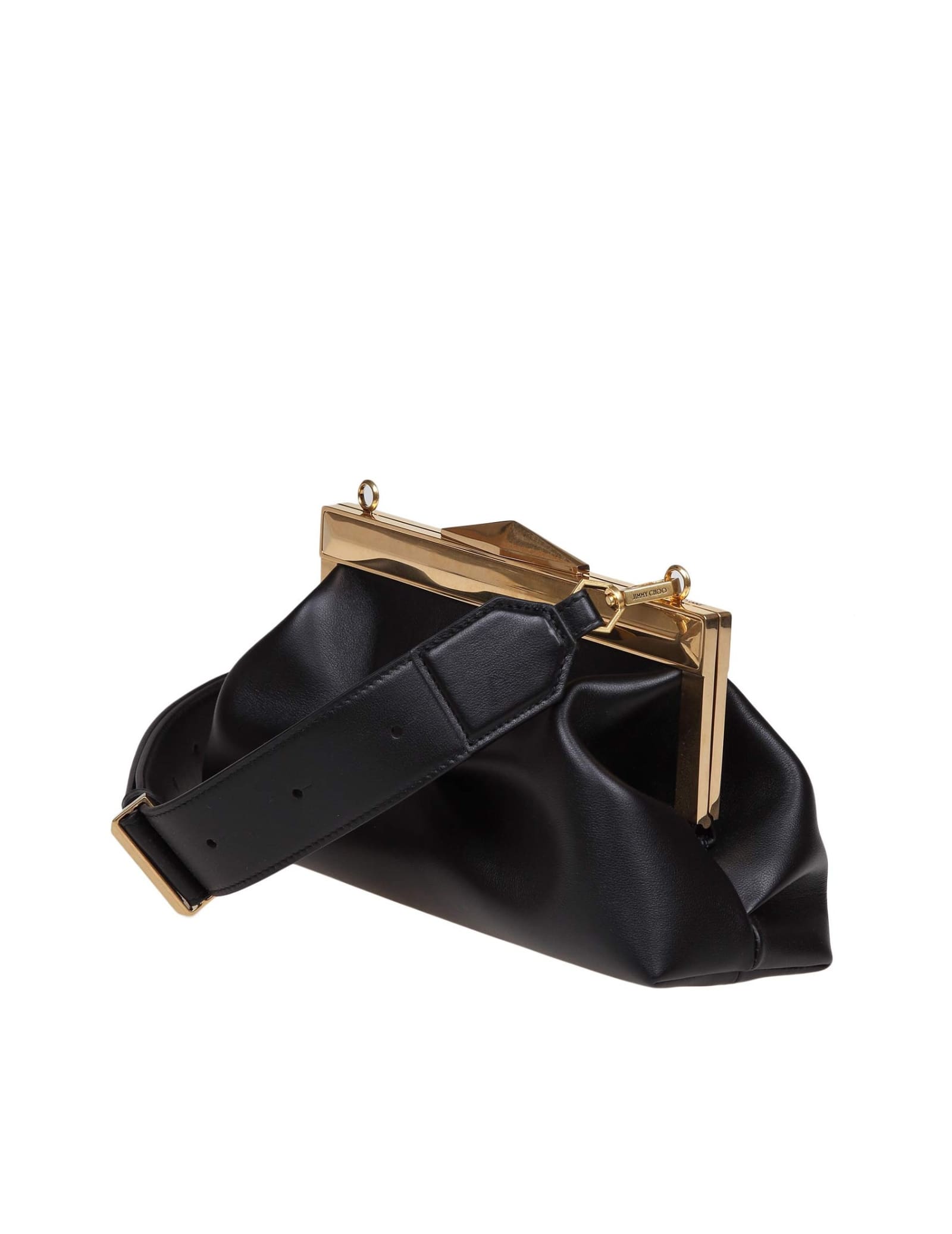 Shop Jimmy Choo Aqk Frame Clutch Bag In Soft Black Leather In Black/gold