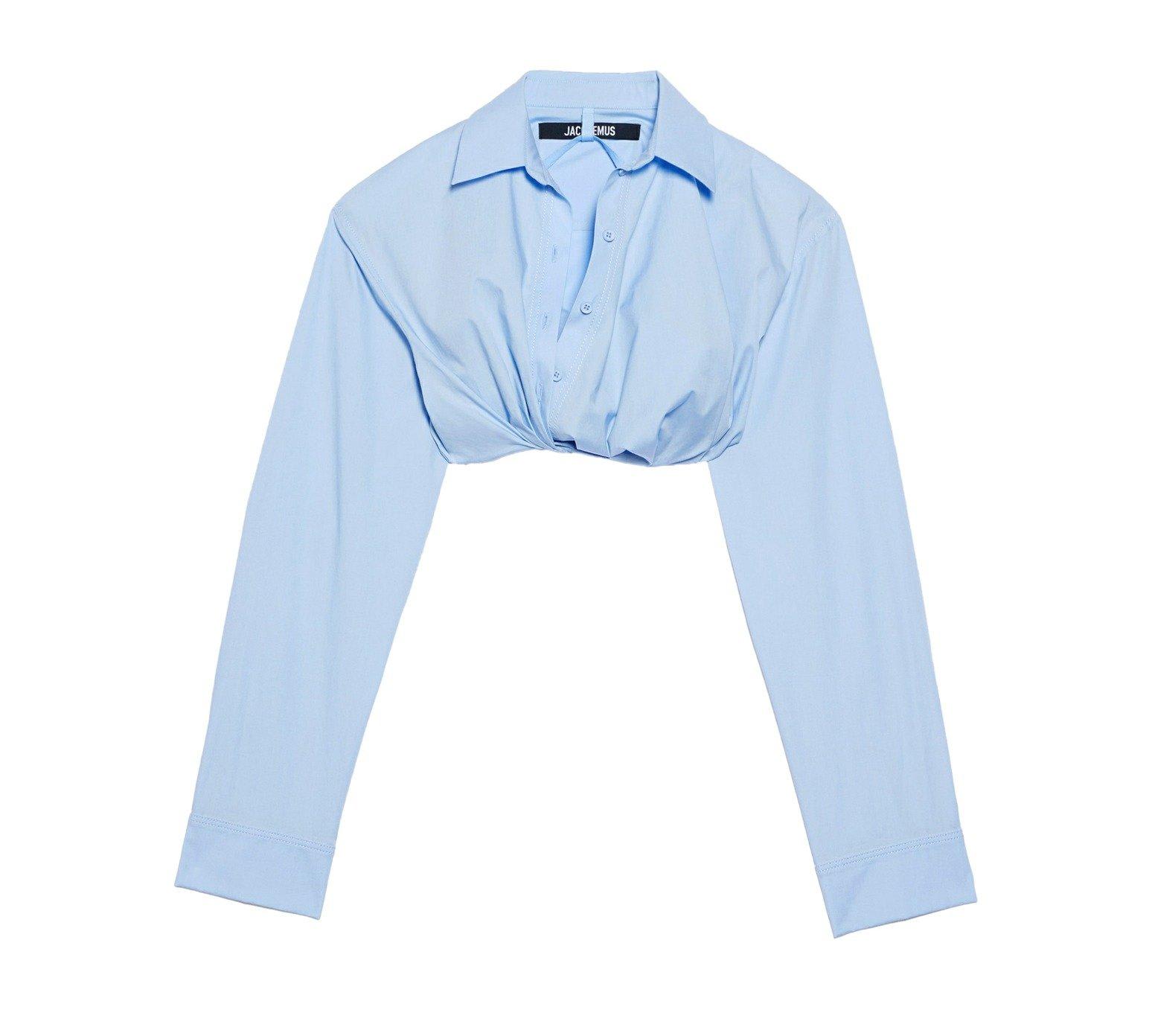 Jacquemus Ruched Tucked In Cropped Long Sleeve Shirt In Blue