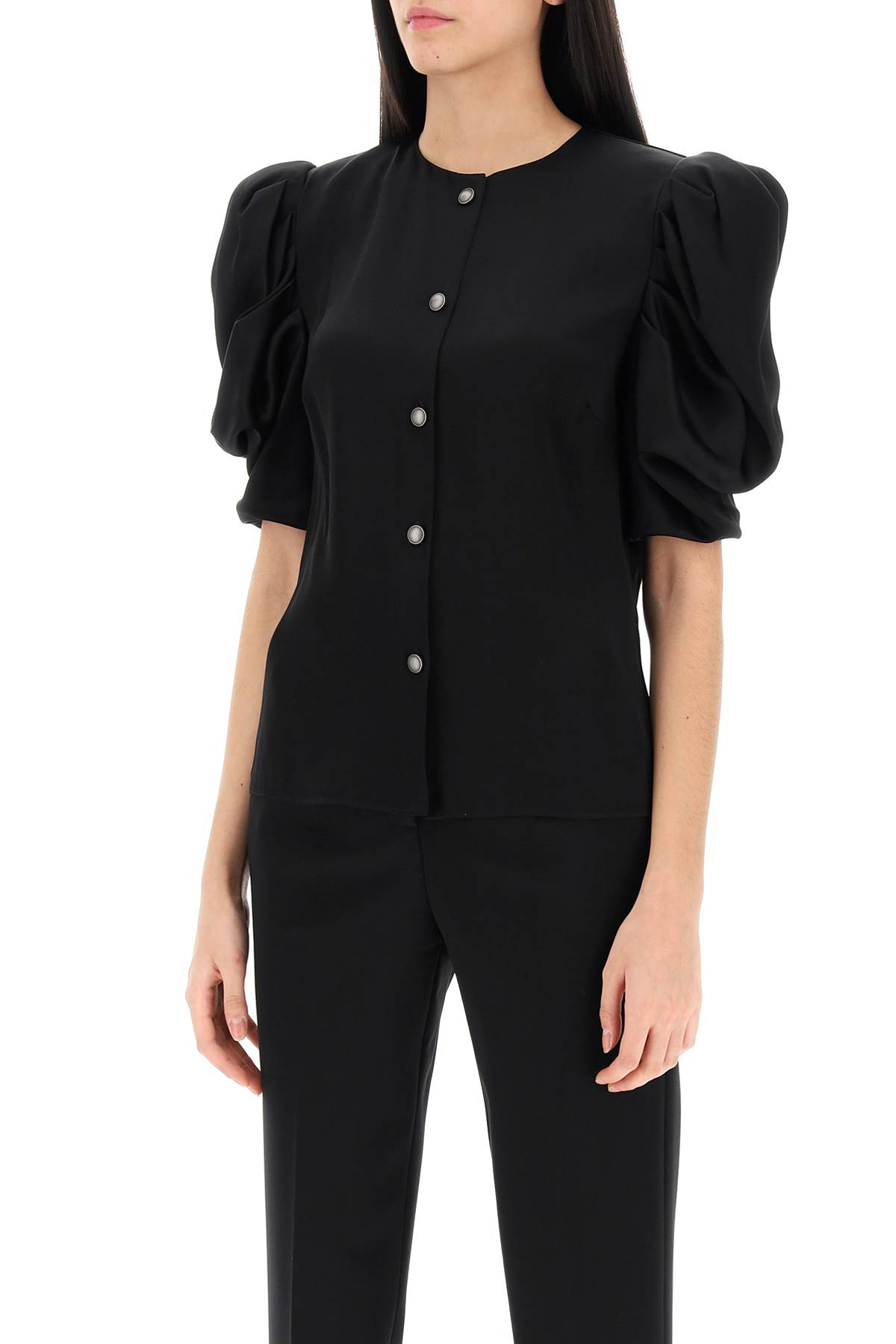 Shop Alessandra Rich Envers Satin Blouse With Bouffant Sleeves In Black