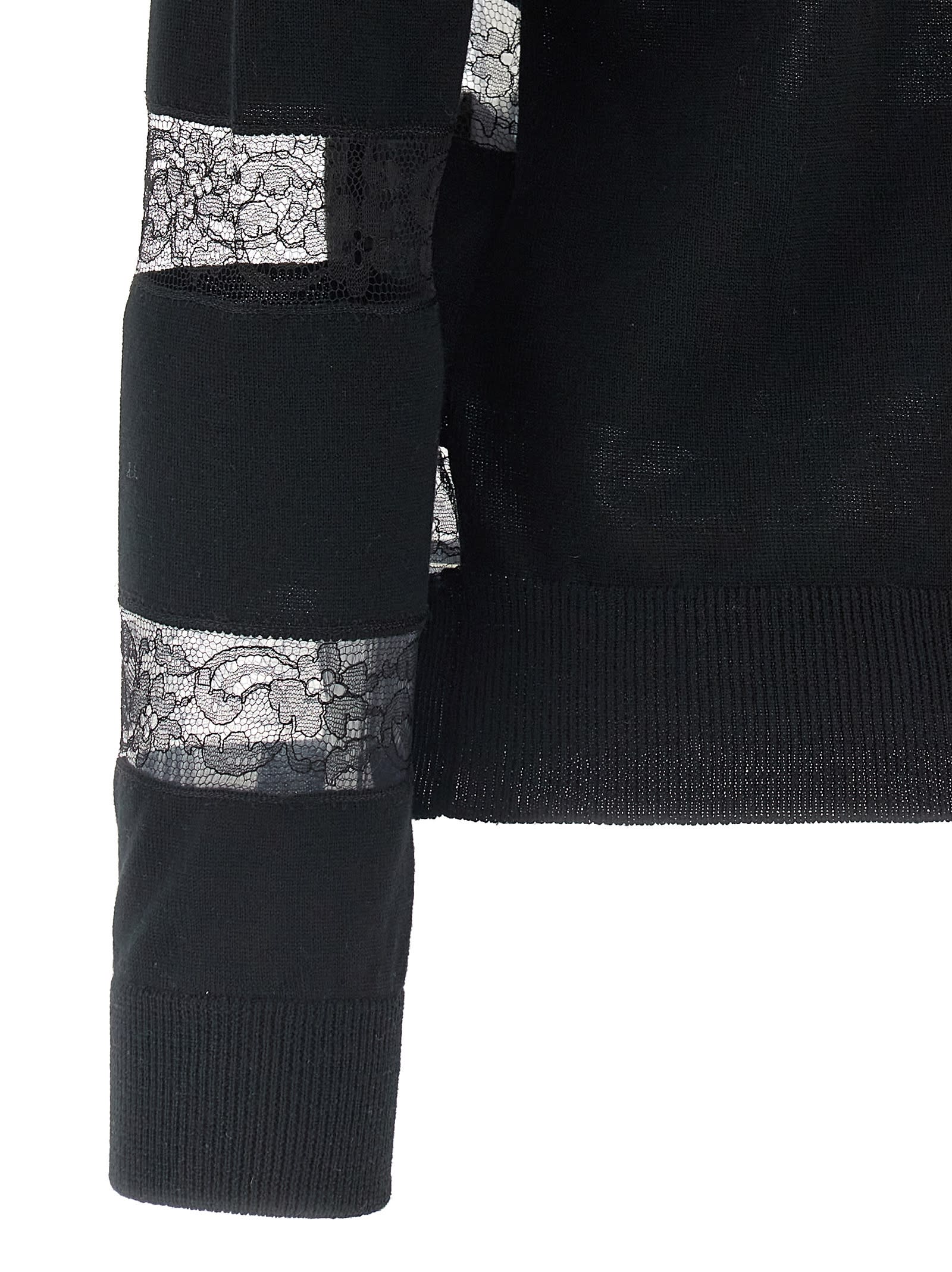 Valentino Bow-embellished Striped Lace-trimmed Wool Sweater In White/black