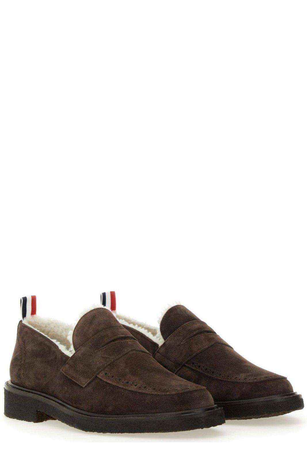 Shop Thom Browne Shearling-lining Penny Loafers In Dark