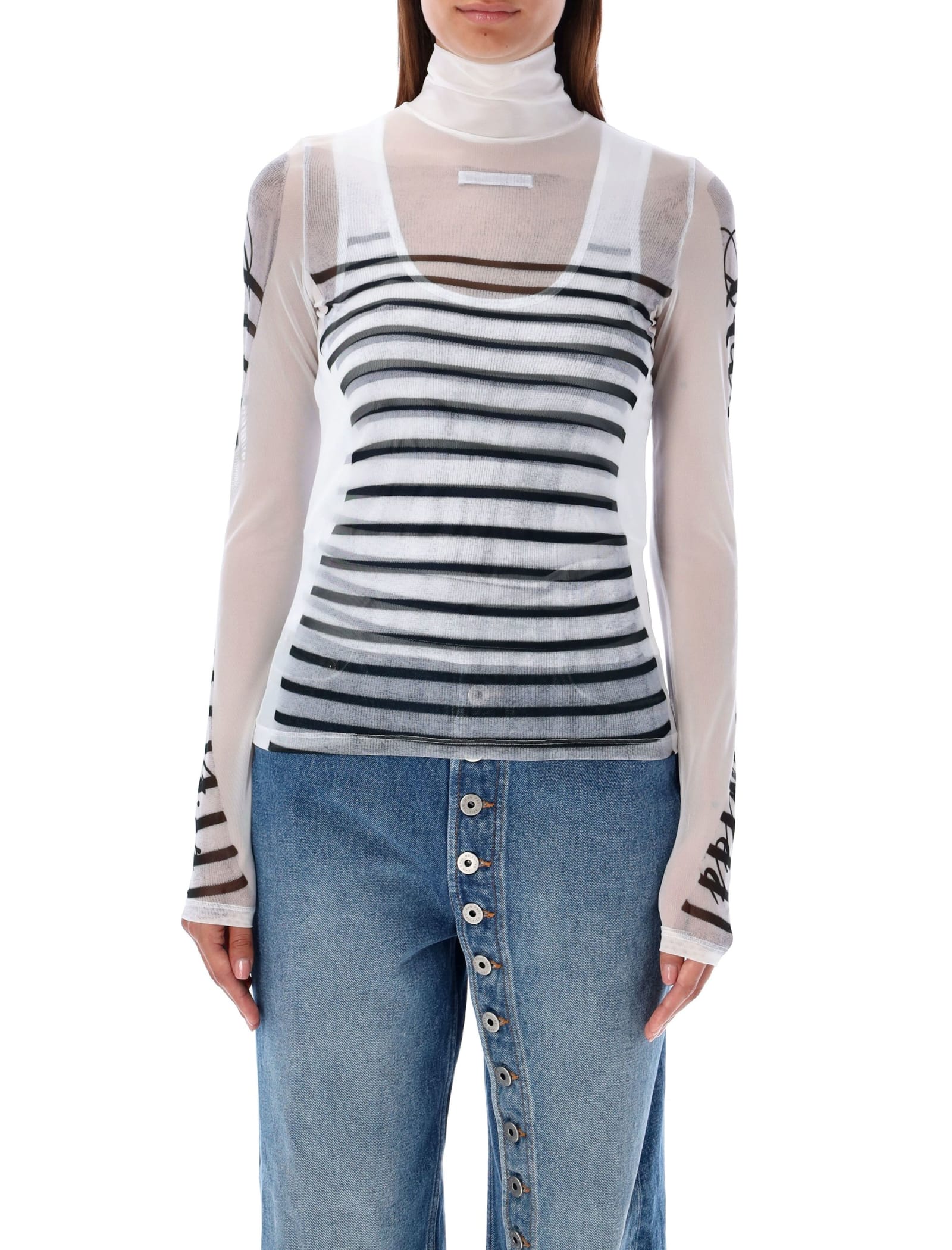 Shop Jean Paul Gaultier Top Feather Mariniere In White Navy Black