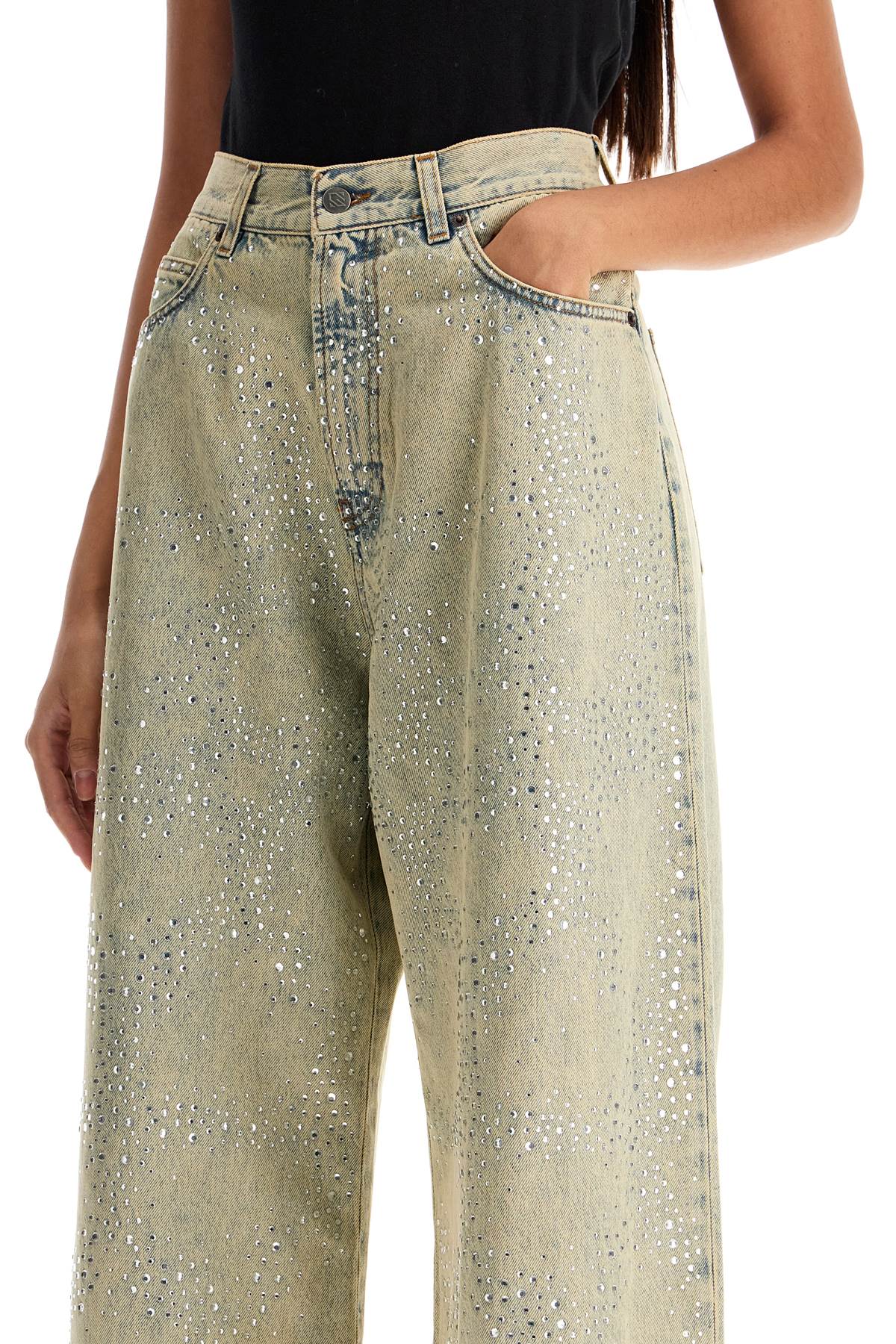 Shop Giuseppe Di Morabito Wide Leg Jeans With Rhinestones In Beige