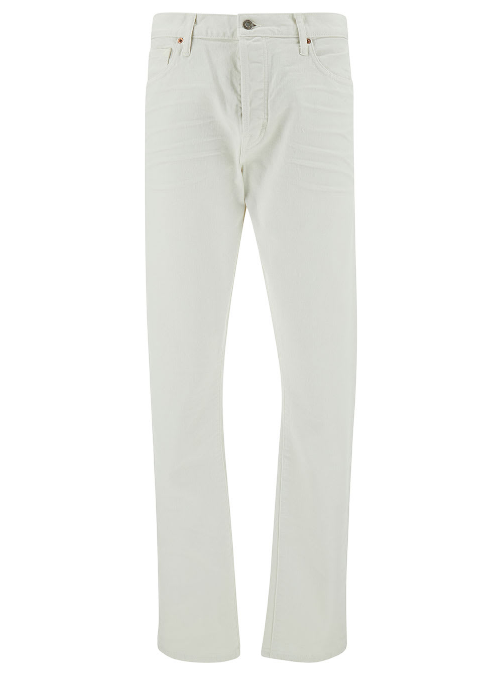 White Slim Five-pocket Style Jeans With Branded Button In Stretch Cotton Denim Man