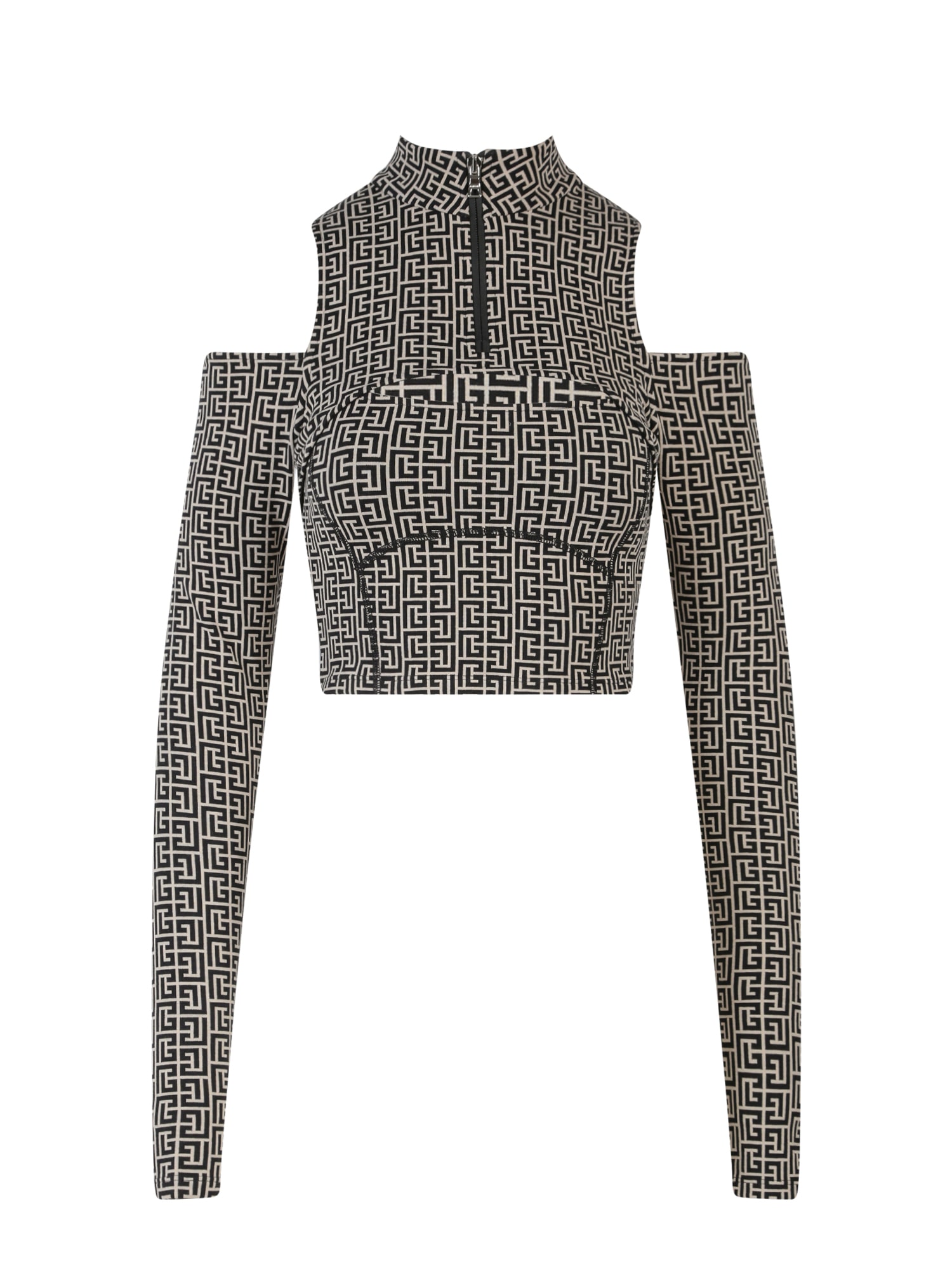 Balmain Cutout Cotton-blend Crop Top In Sable Black