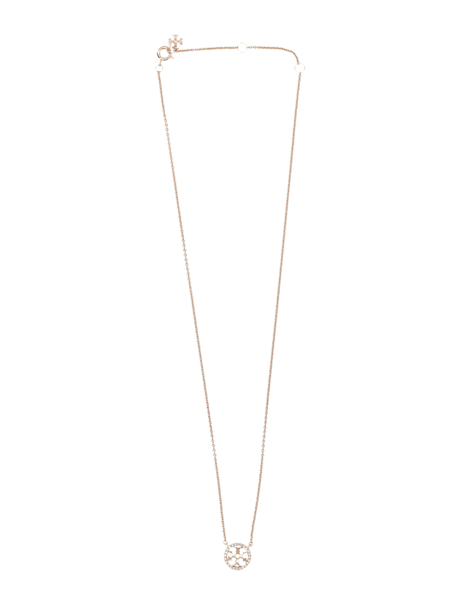Shop Tory Burch Miller Pave Pendant Necklace In Rose Gold / Crystal