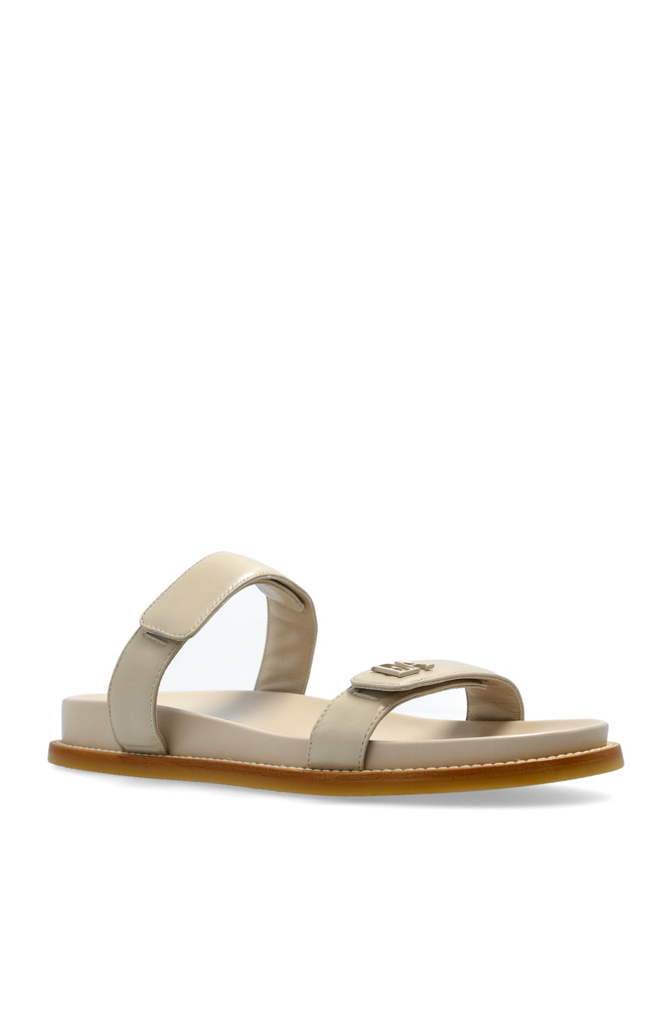 Emporio Armani Leather Slides With Logo In Sand