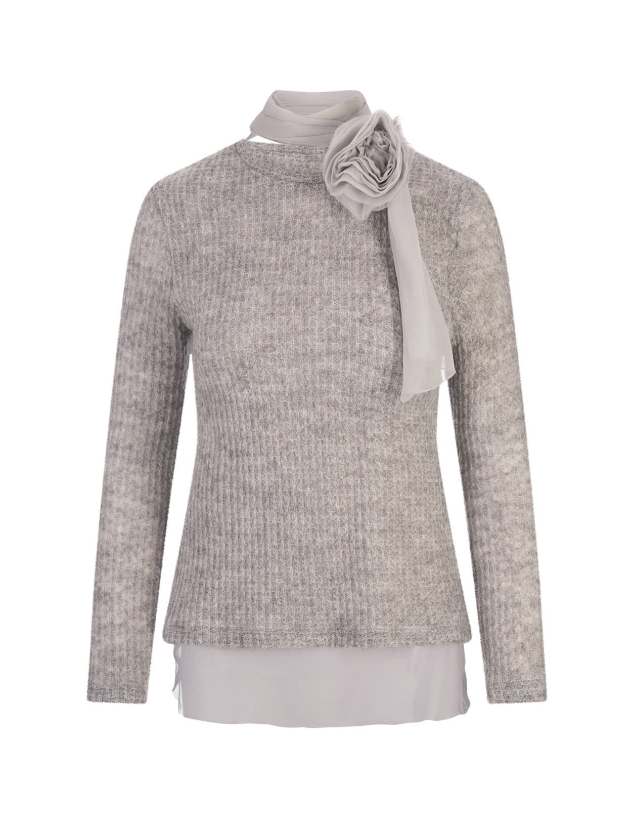 Shop Ermanno Scervino Grey Long-sleeved Top With Silk Flower