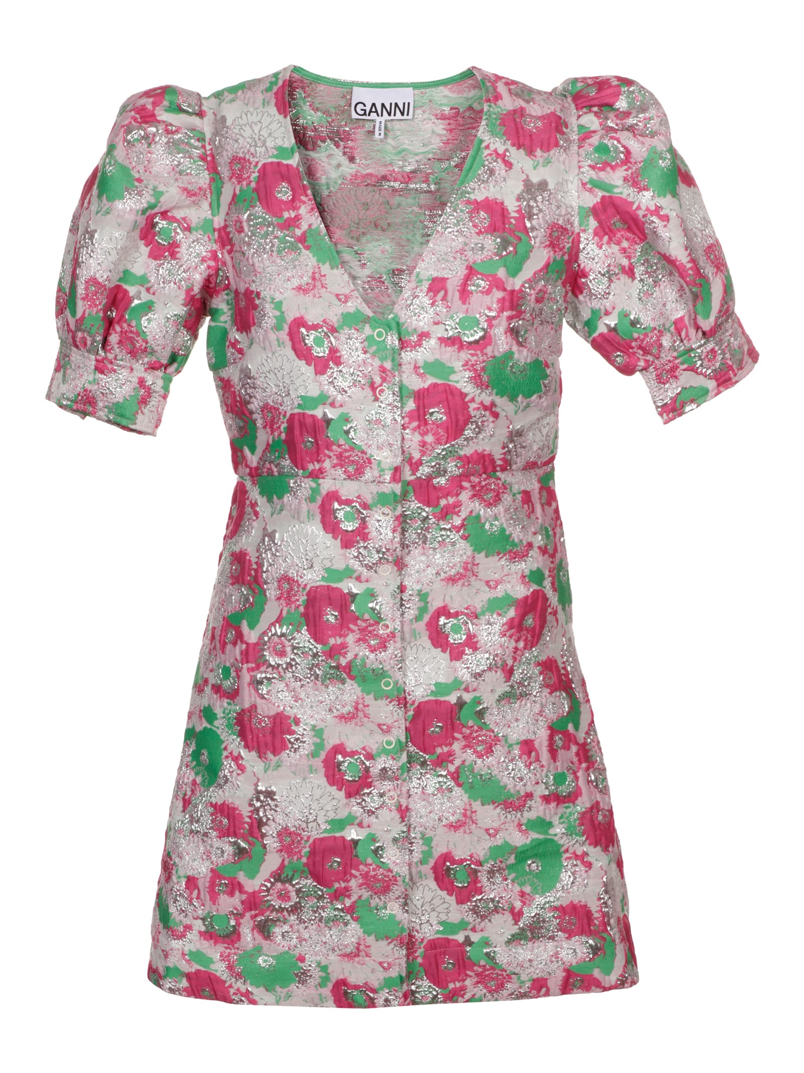Ganni Multicolor Button Down Mini Dress With 3d Jacquard Floreal Motif In 393
