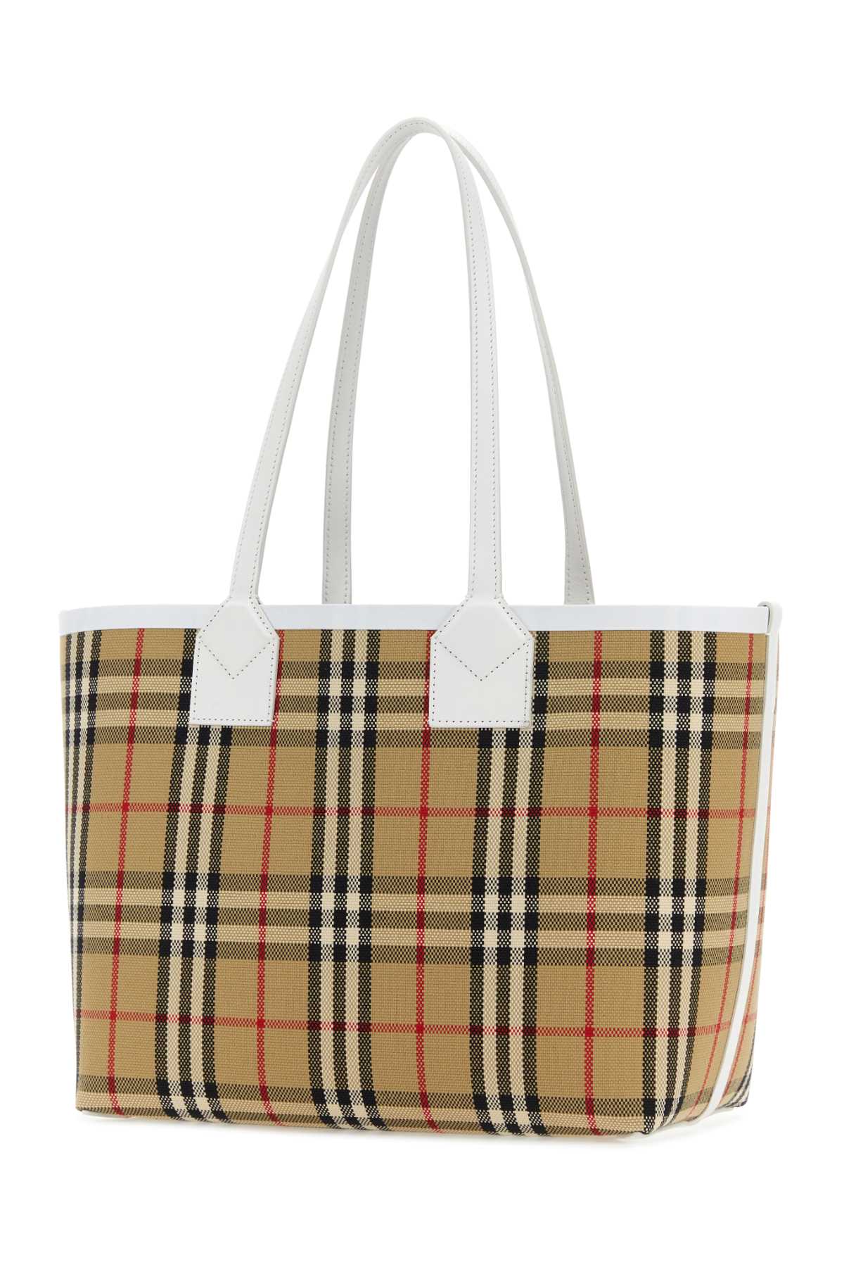 Burberry Embroidered Canvas Small London Shopping Bag In Vintagecheckwhite