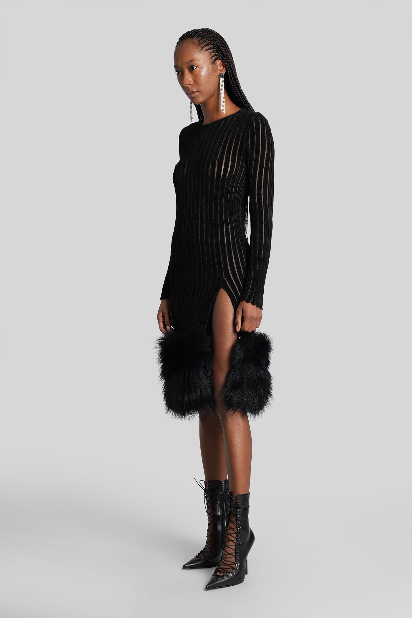 Blumarine Knit Faux Fur-trimmed Midi Dress In Black