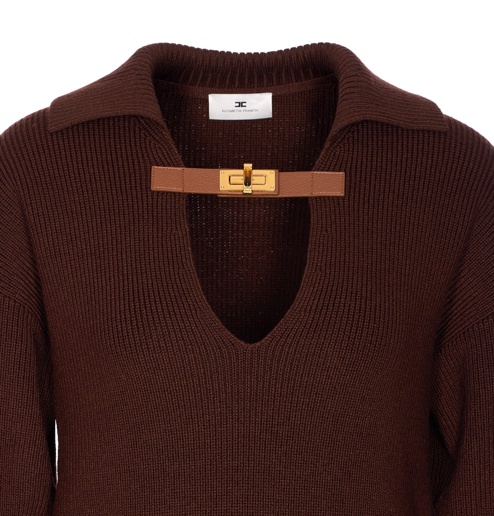 Elisabetta Franchi Knitwear Collared Design Long Sleeves Ribbed Texture V-neckline In Multi