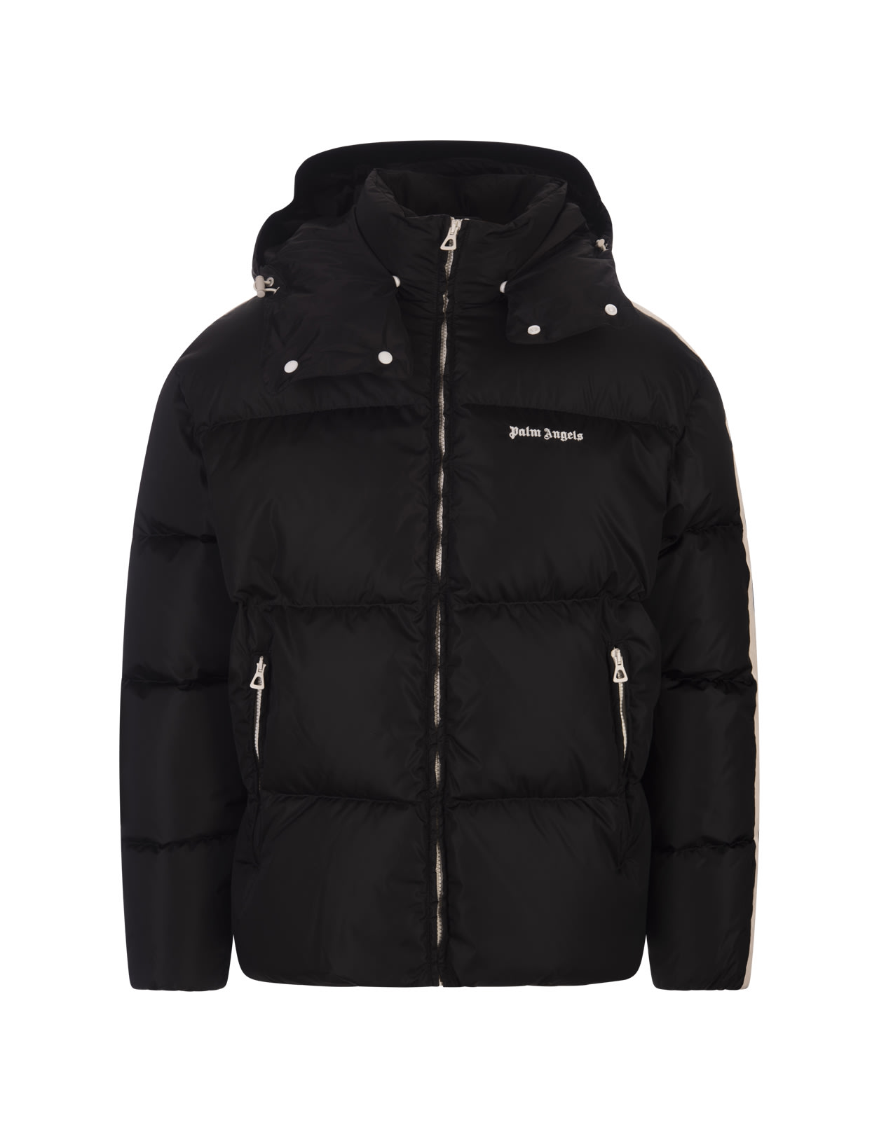 Shop Palm Angels Black Down Jacket With Logo And Contrast Bands